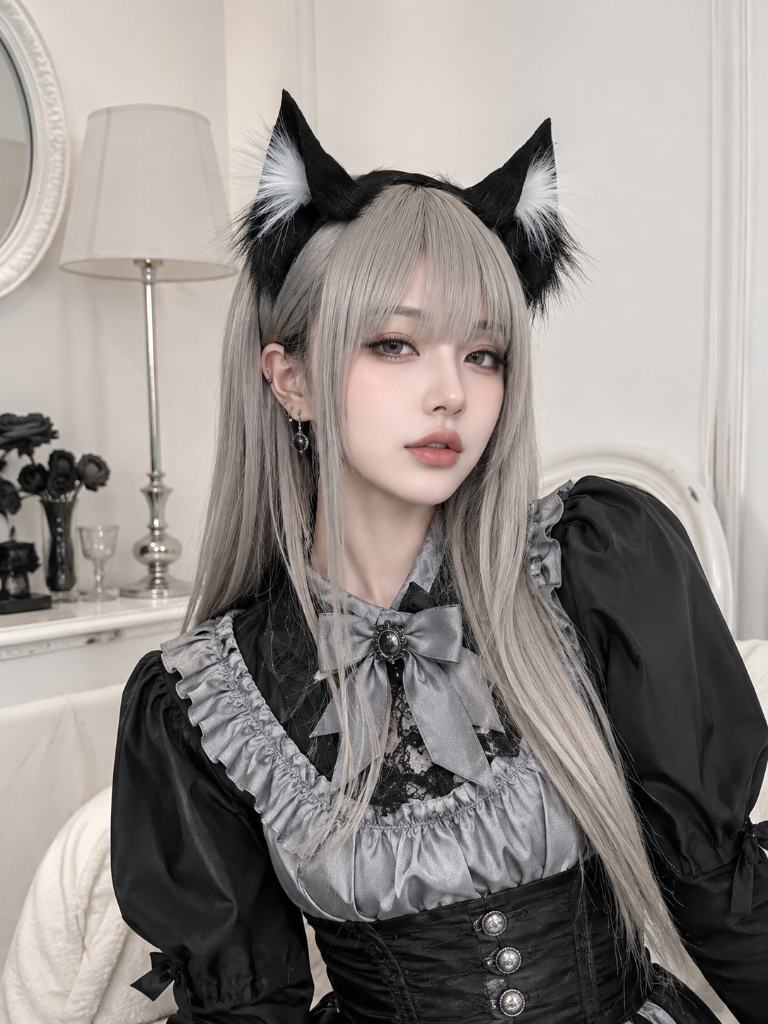 Black Cat Ear Maid Lolita Headdress | Alternate Angle | Aurora Lolita Black Cat Ear Maid Lolita Headdress - alternate angle for gothic maid cat ear Lolita outfit