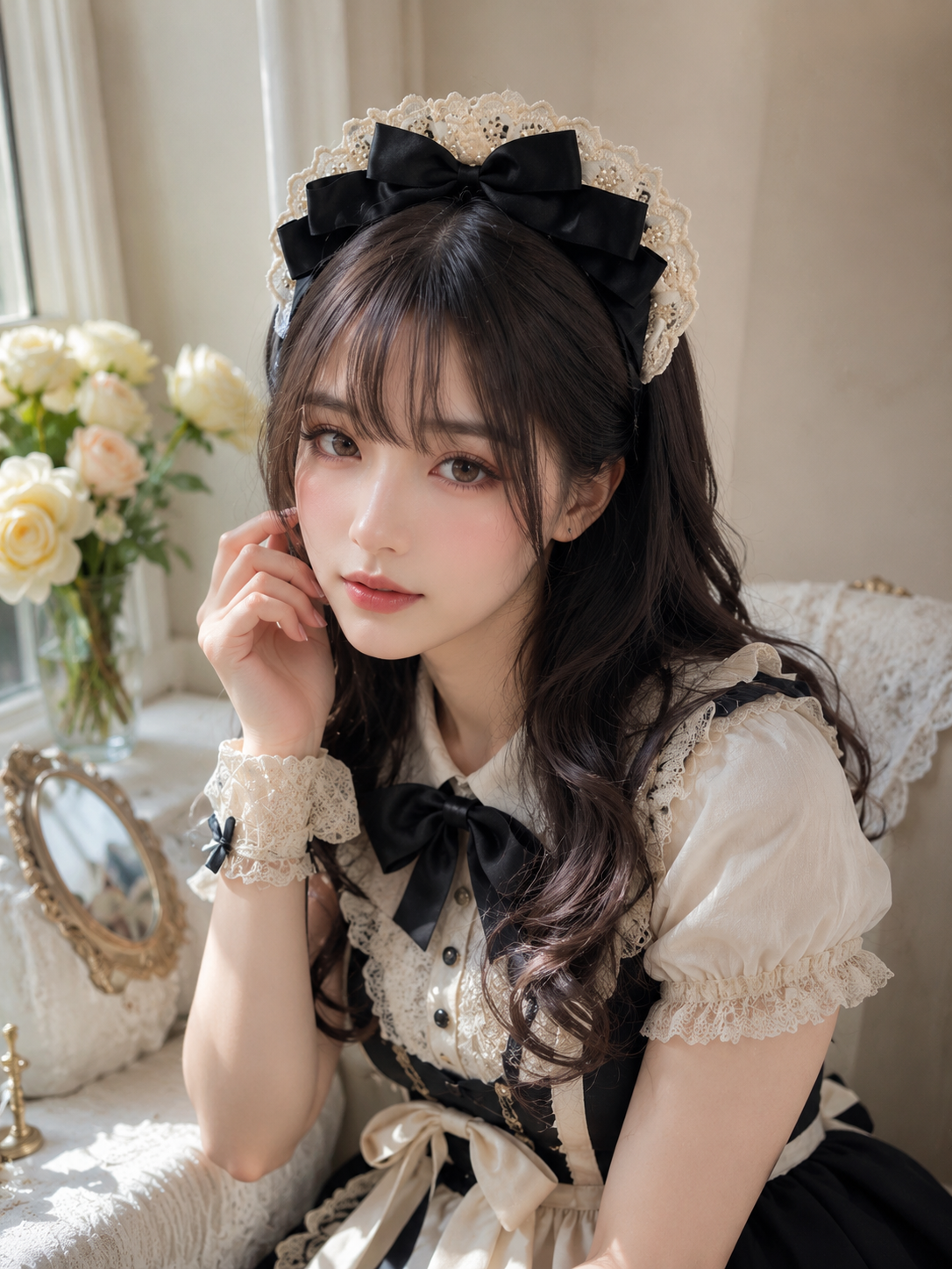 Black and White Maid Lolita Headdress - side or worn angle for maid black white Lolita outfit