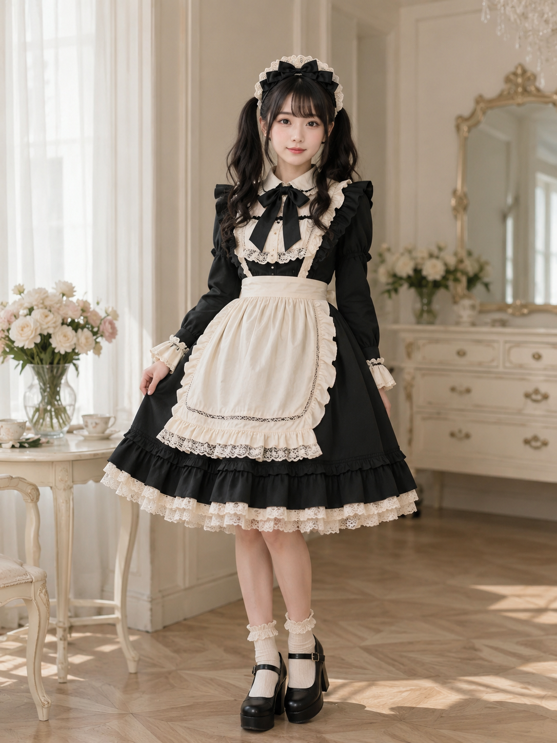 Black and White Maid Lolita Headdress | Model Styling View | Aurora Lolita Black and White Maid Lolita Headdress - model styling view for maid black white Lolita outfit