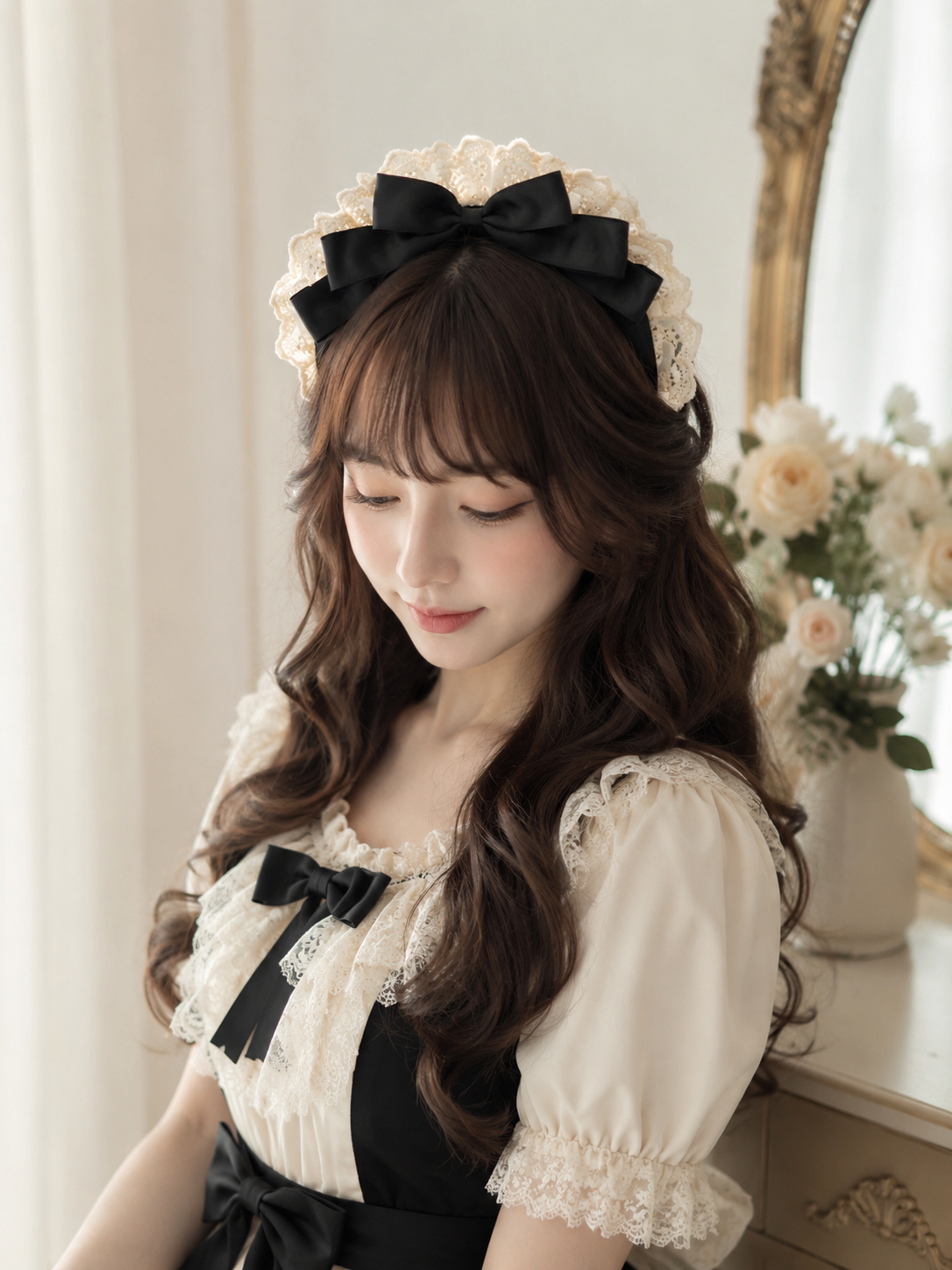 Black and White Maid Lolita Headdress | Front Detail View | Aurora Lolita Black and White Maid Lolita Headdress - front detail view for maid black white Lolita outfit