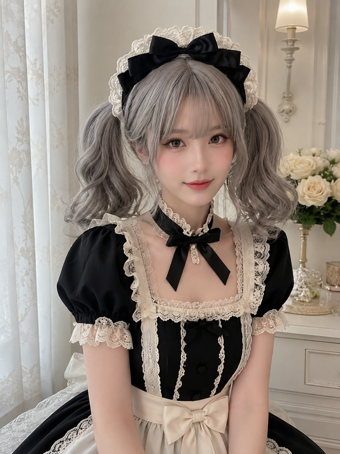 Black and White Maid Lolita Headdress | Main Product View | Aurora Lolita Black and White Maid Lolita Headdress - main product view for maid black white Lolita outfit