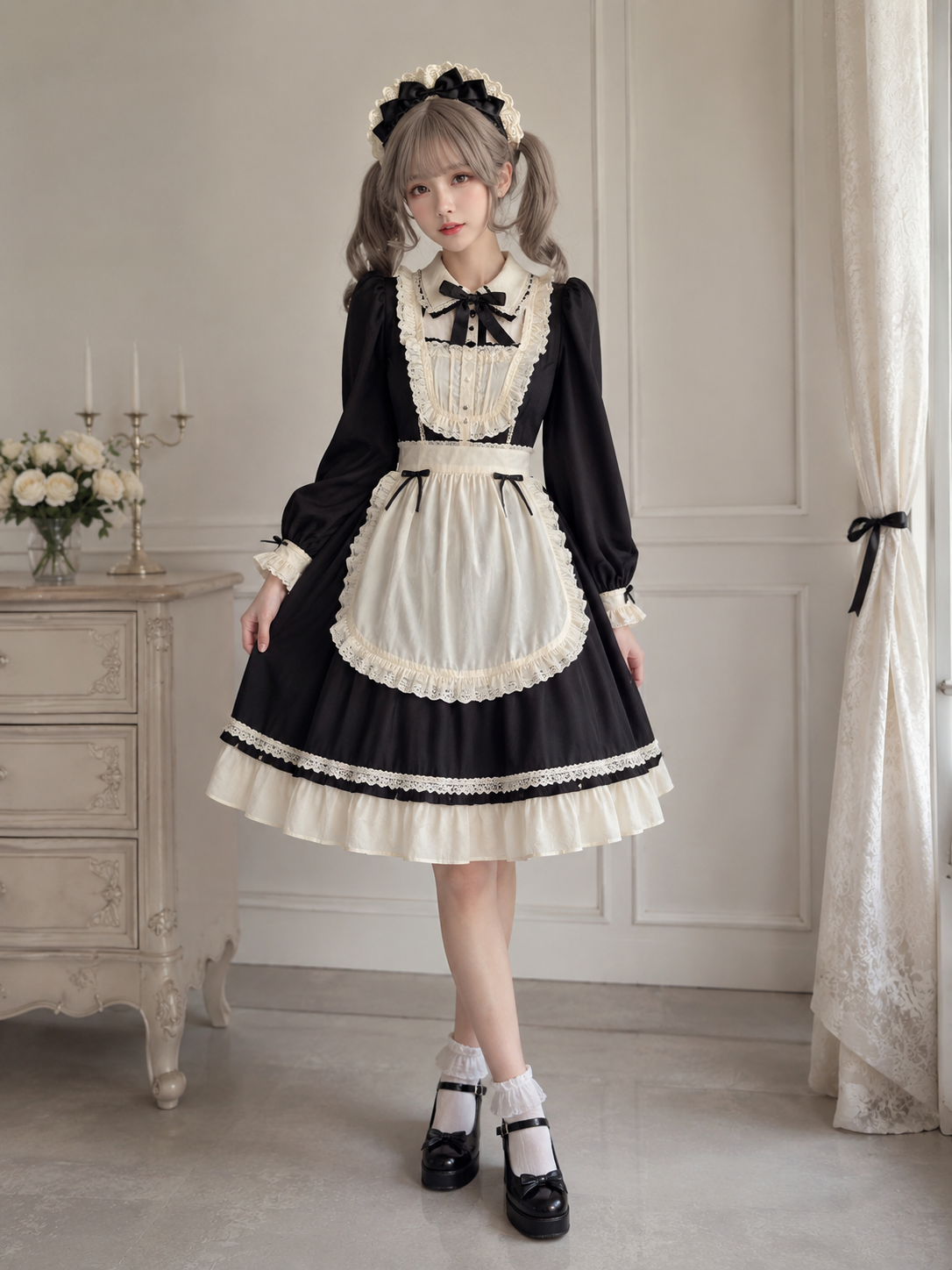 Black and White Maid Lolita Headdress | Trim And Texture Close-Up | Aurora Lolita Black and White Maid Lolita Headdress - trim and texture close-up for maid black white Lolita outfit
