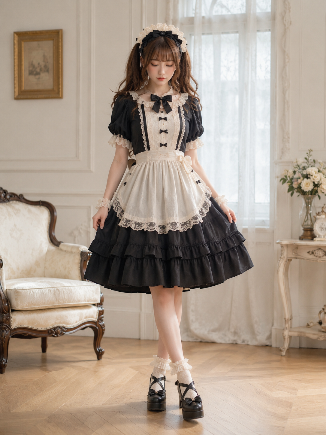 Black and White Maid Lolita Headdress | Coord Lifestyle View | Aurora Lolita Black and White Maid Lolita Headdress - coord lifestyle view for maid black white Lolita outfit