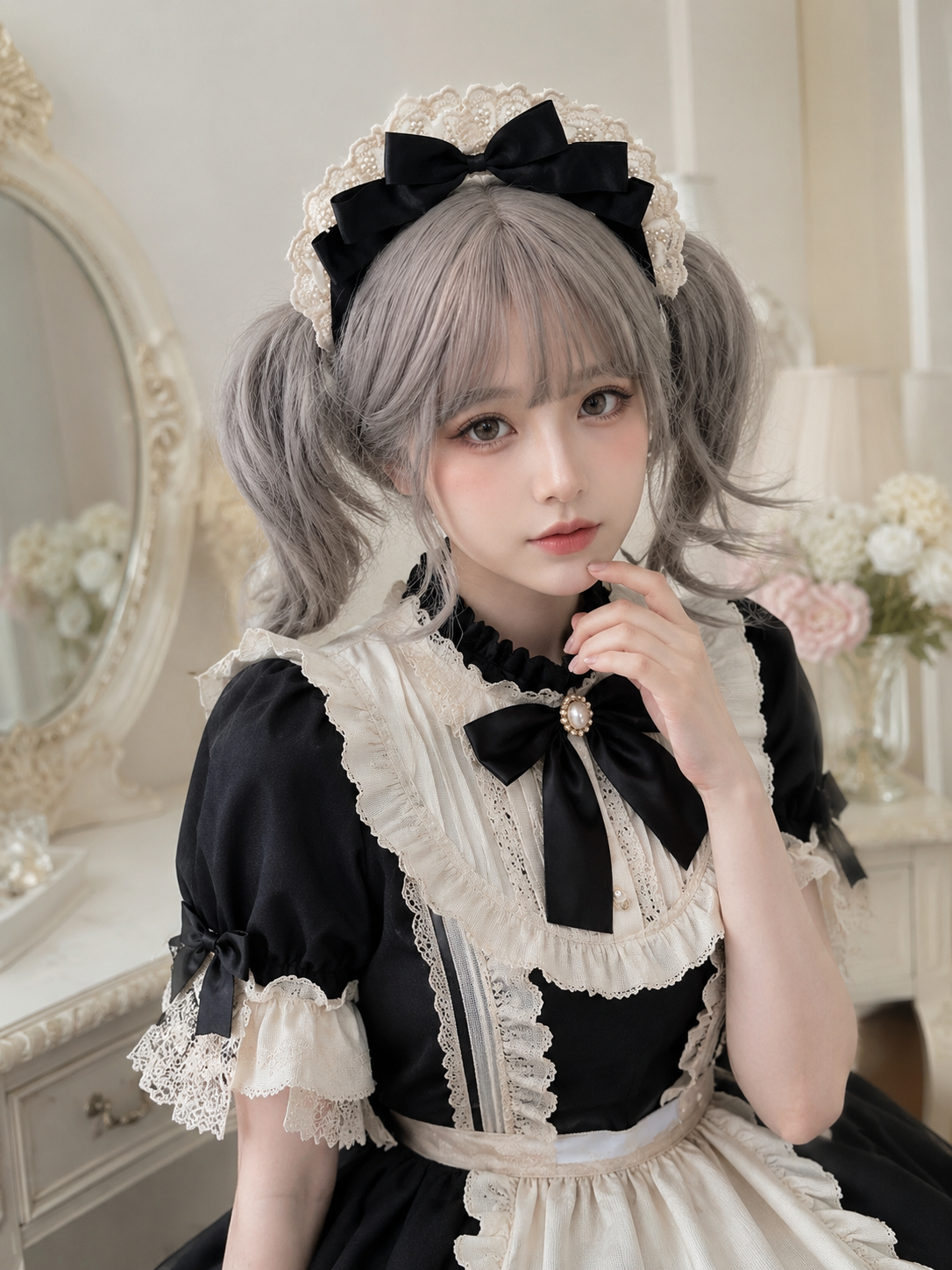Black and White Maid Lolita Headdress | Scale And Wearing Reference | Aurora Lolita Black and White Maid Lolita Headdress - scale and wearing reference for maid black white Lolita outfit