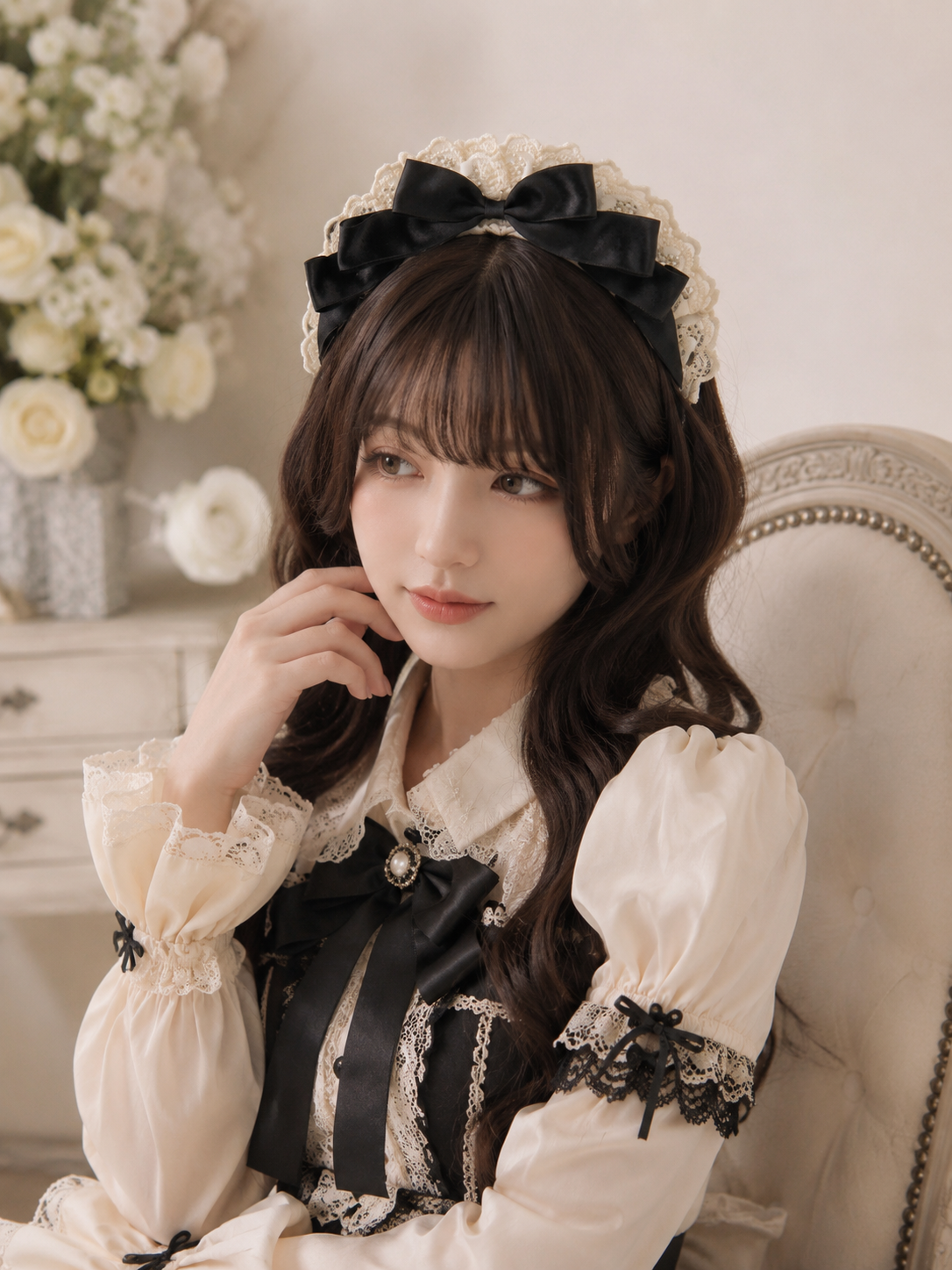 Black and White Maid Lolita Headdress | Alternate Angle | Aurora Lolita Black and White Maid Lolita Headdress - alternate angle for maid black white Lolita outfit