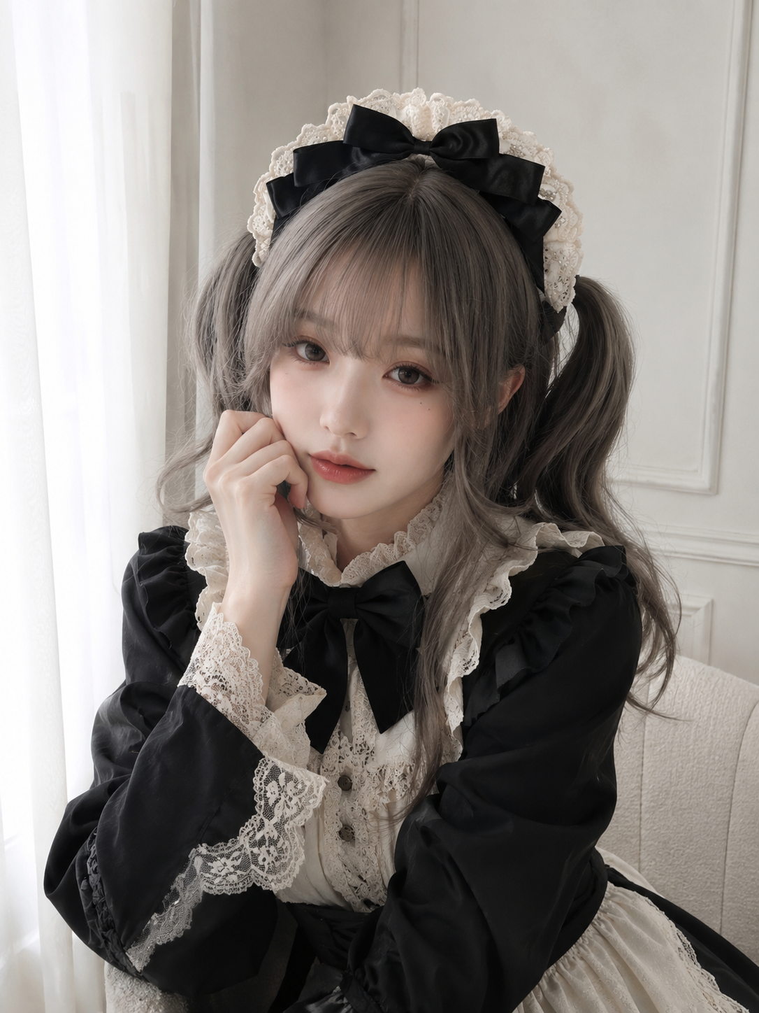 Black and White Maid Lolita Headdress | Additional Detail | Aurora Lolita Black and White Maid Lolita Headdress - additional detail for maid black white Lolita outfit