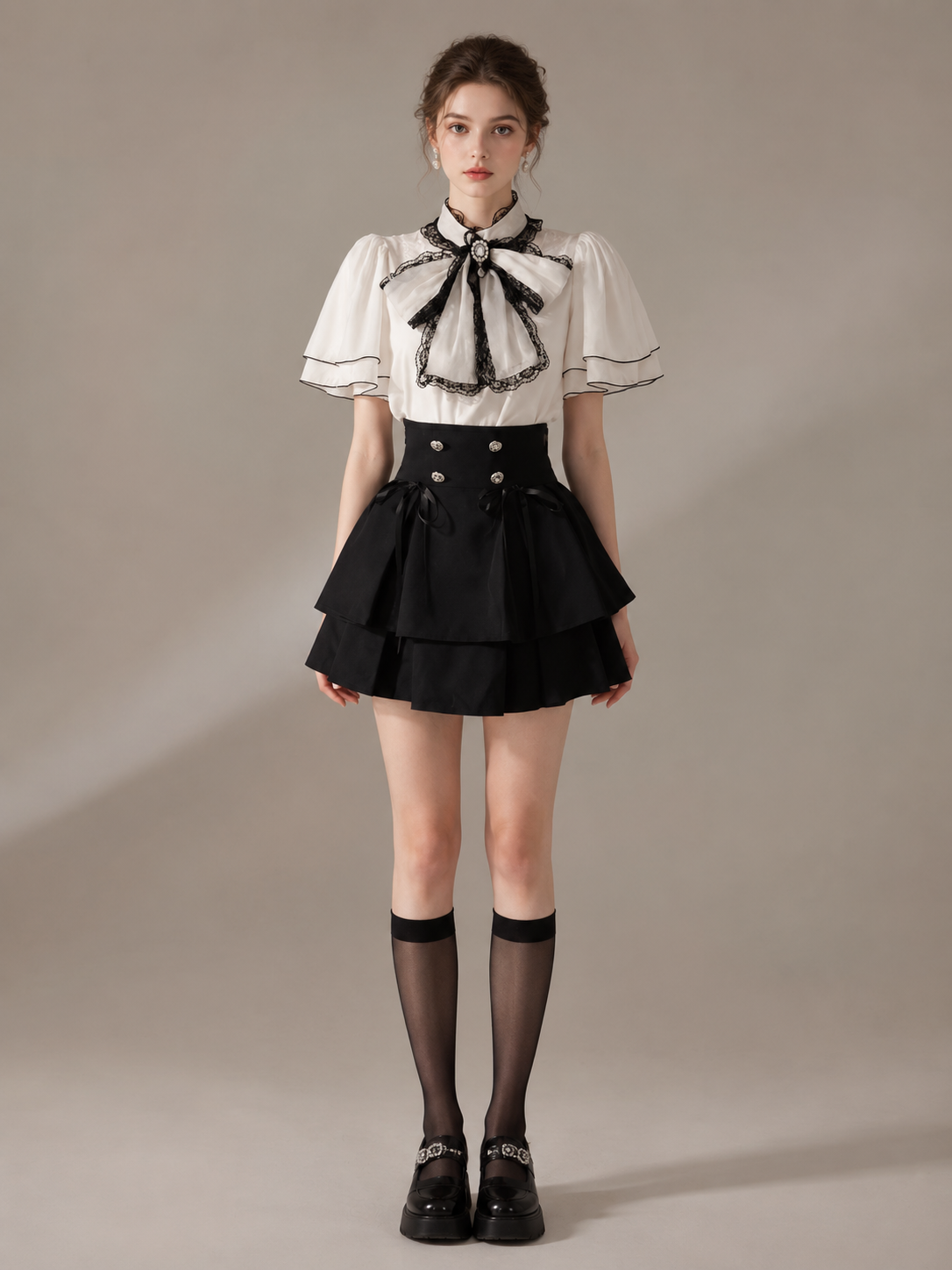 Japanese Chiffon Blouse and Lolita Skirt Set - model styling view for classic daily skirt set Lolita outfit