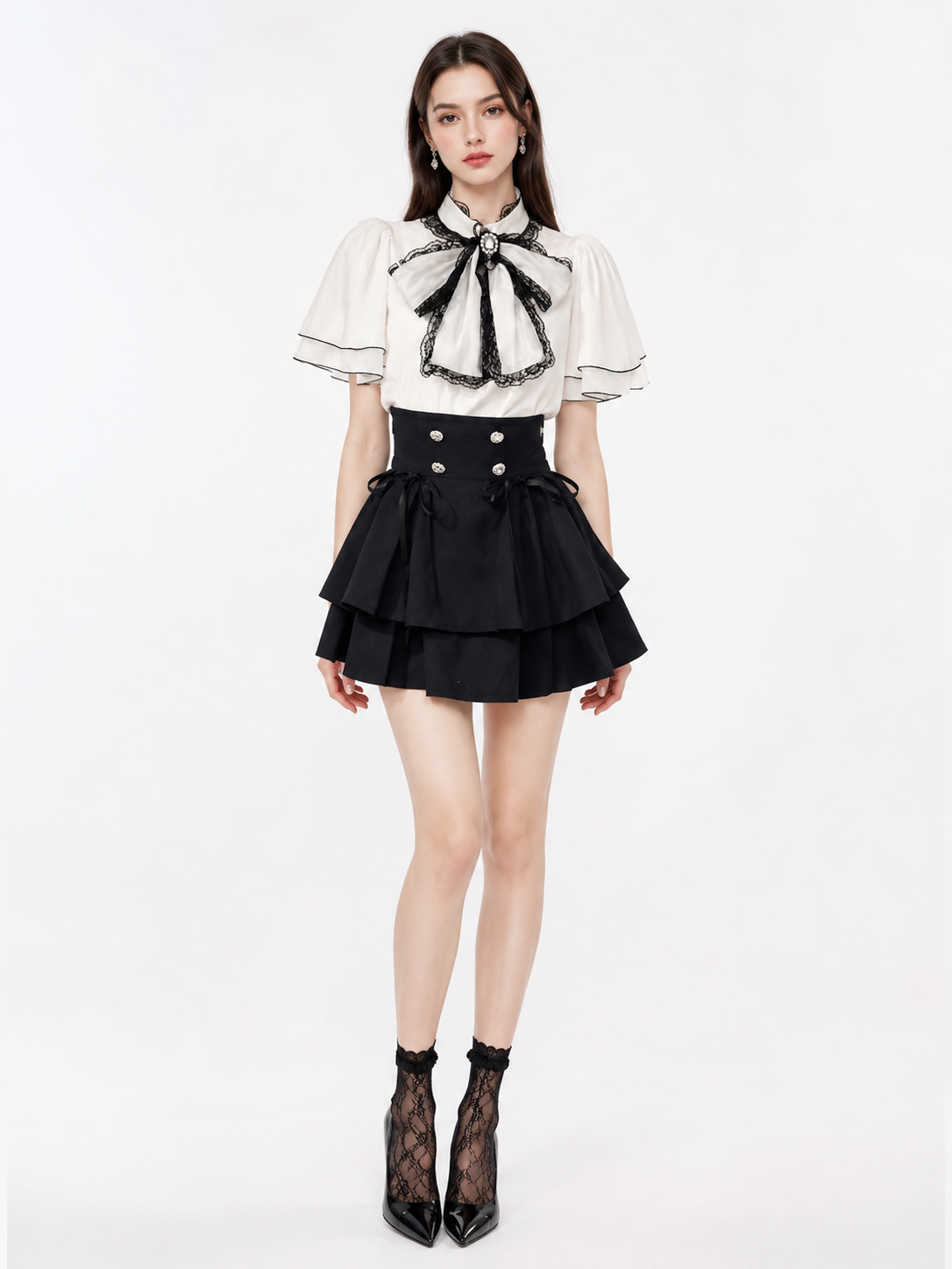 Japanese Chiffon Blouse and Lolita Skirt Set | Side Or Worn Angle | Aurora Lolita Japanese Chiffon Blouse and Lolita Skirt Set - side or worn angle for classic daily skirt set Lolita outfit