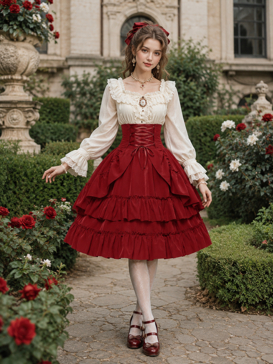 Red Medieval Victorian Gothic Lolita Corset Skirt - front detail view for gothic red victorian corset skirt Lolita outfit