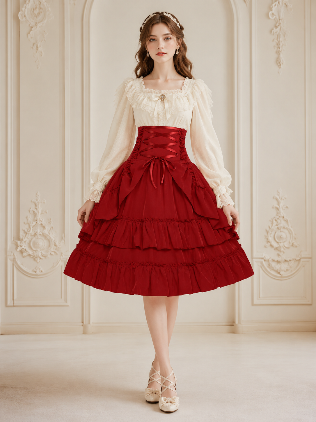 Red Medieval Victorian Gothic Lolita Corset Skirt | Side Or Worn Angle | Aurora Lolita Red Medieval Victorian Gothic Lolita Corset Skirt - side or worn angle for gothic red victorian corset skirt Lolita outfit