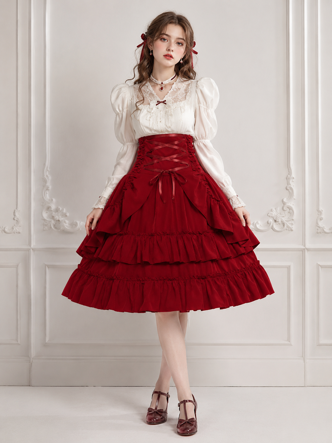Red Medieval Victorian Gothic Lolita Corset Skirt | Model Styling View | Aurora Lolita Red Medieval Victorian Gothic Lolita Corset Skirt - model styling view for gothic red victorian corset skirt Lolita outfit