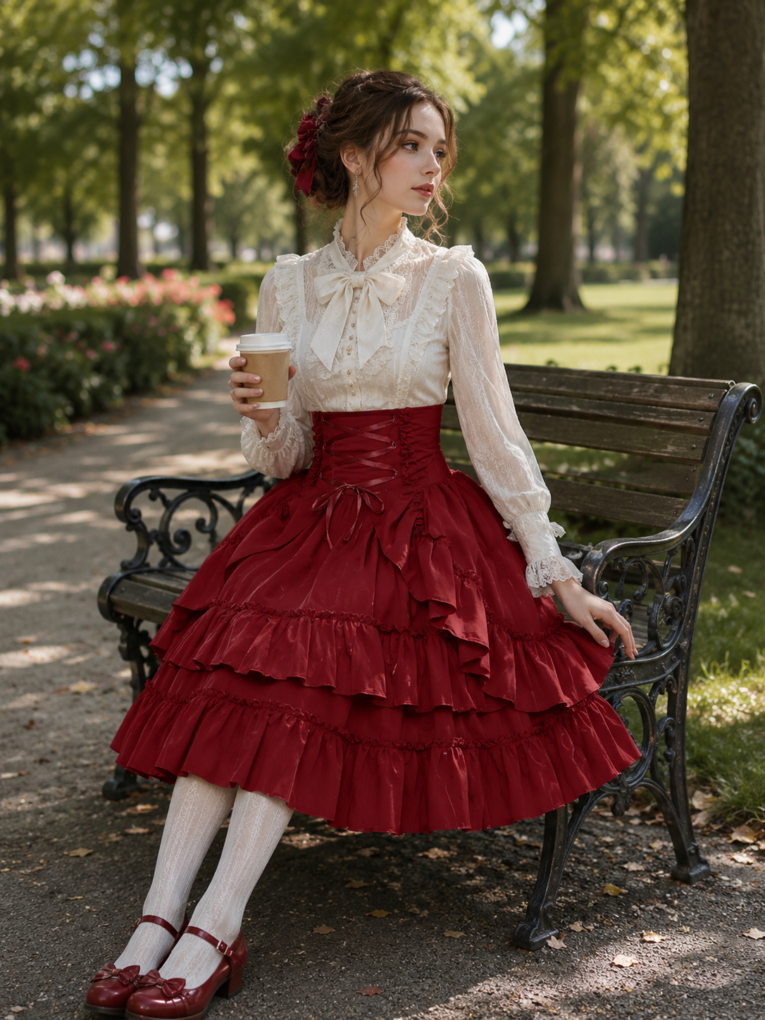 Red Medieval Victorian Gothic Lolita Corset Skirt | Trim And Texture Close-Up | Aurora Lolita Red Medieval Victorian Gothic Lolita Corset Skirt - trim and texture close-up for gothic red victorian corset skirt Lolita outfit
