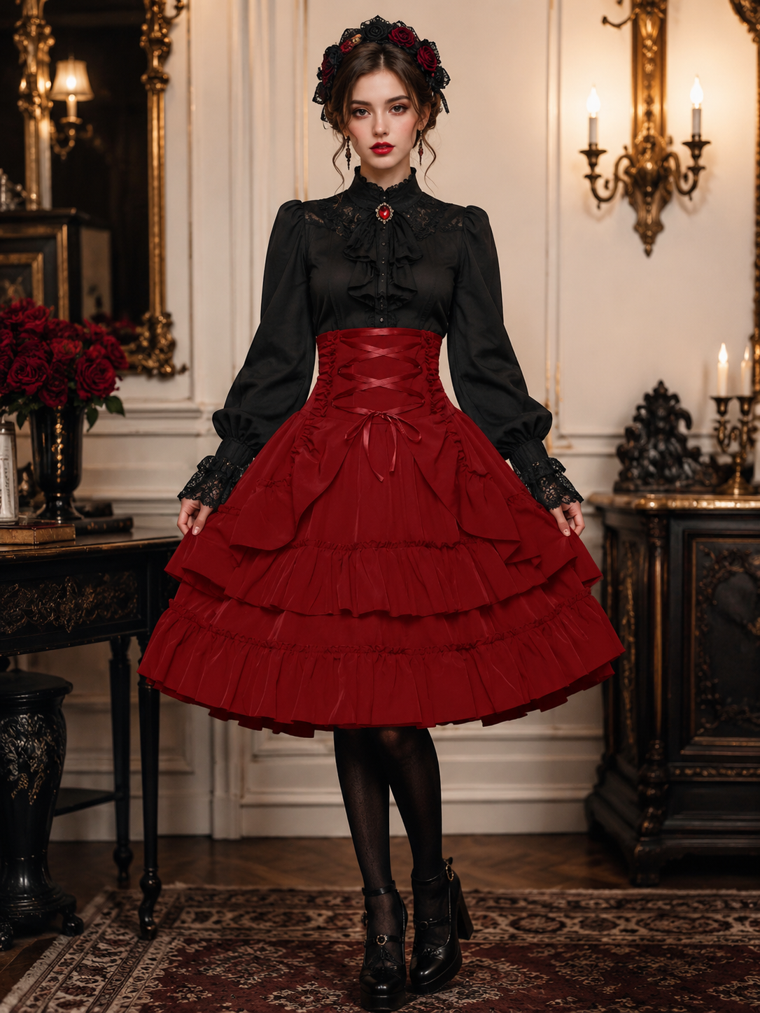 Red Medieval Victorian Gothic Lolita Corset Skirt | Back Or Silhouette View | Aurora Lolita Red Medieval Victorian Gothic Lolita Corset Skirt - back or silhouette view for gothic red victorian corset skirt Lolita outfit