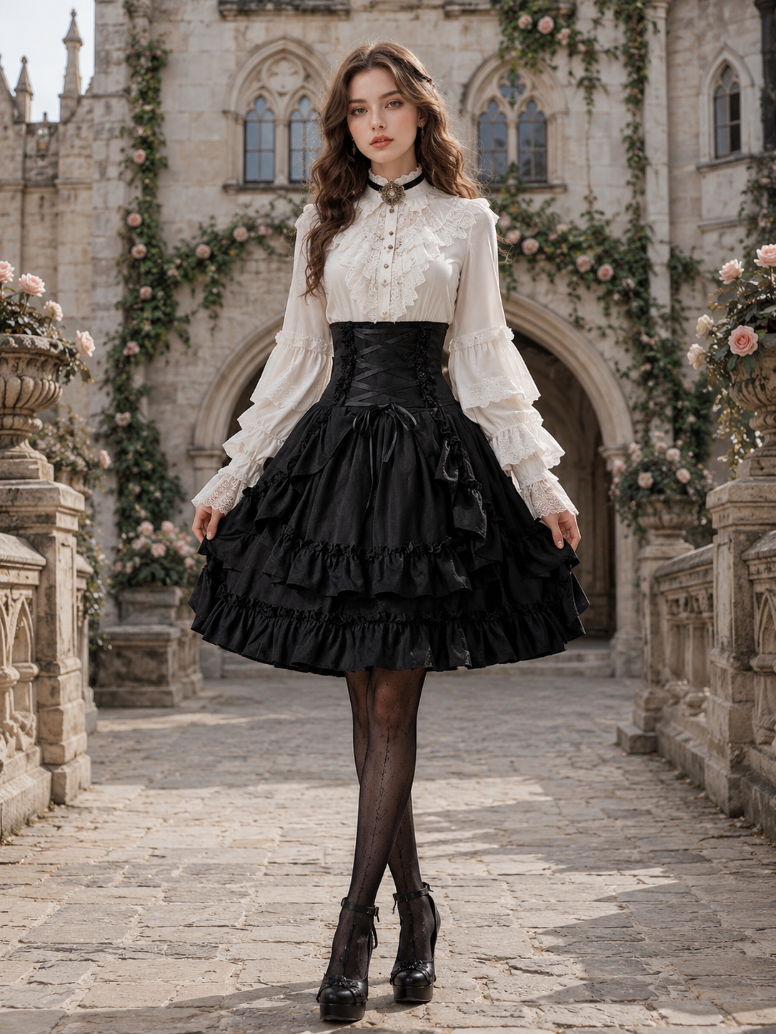 Black Medieval Victorian Gothic Lolita Corset Skirt - main product view for gothic black victorian corset skirt Lolita outfit