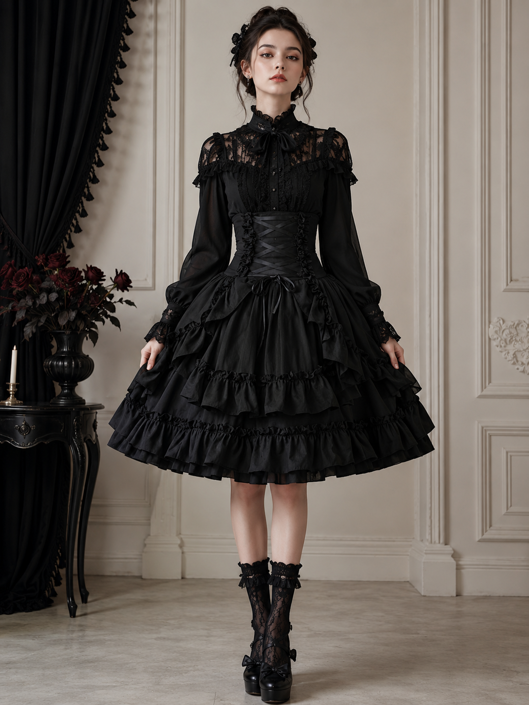 Black Medieval Victorian Gothic Lolita Corset Skirt | Model Styling View | Aurora Lolita Black Medieval Victorian Gothic Lolita Corset Skirt - model styling view for gothic black victorian corset skirt Lolita outfit