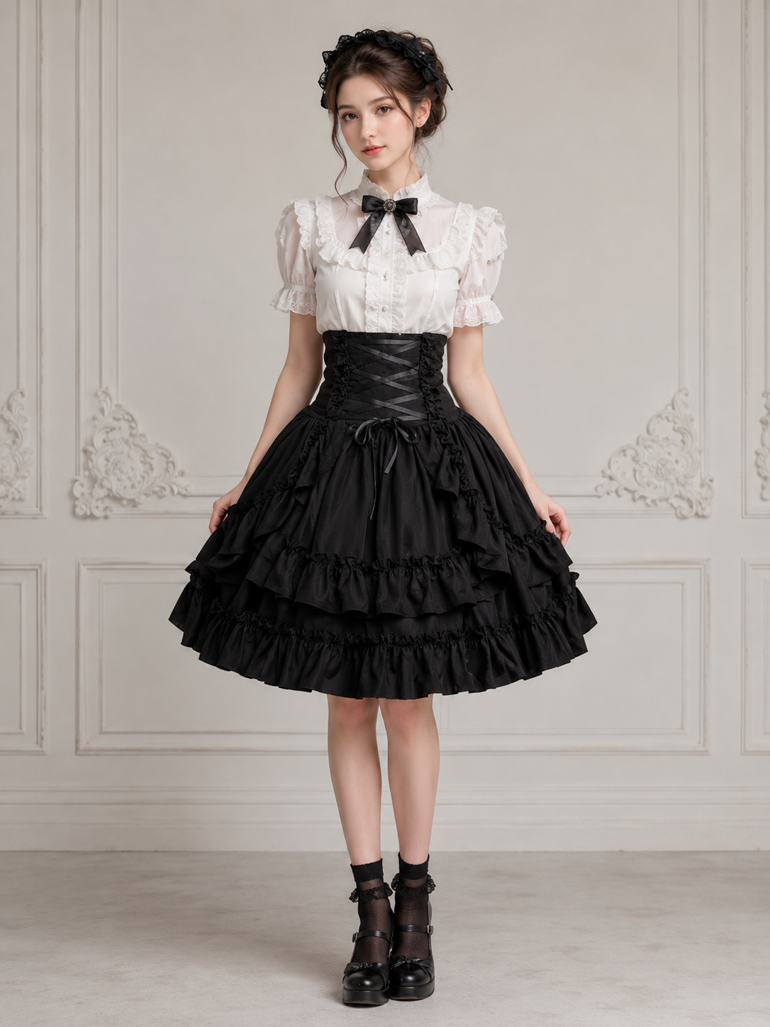 Black Medieval Victorian Gothic Lolita Corset Skirt | Front Detail View | Aurora Lolita Black Medieval Victorian Gothic Lolita Corset Skirt - front detail view for gothic black victorian corset skirt Lolita outfit