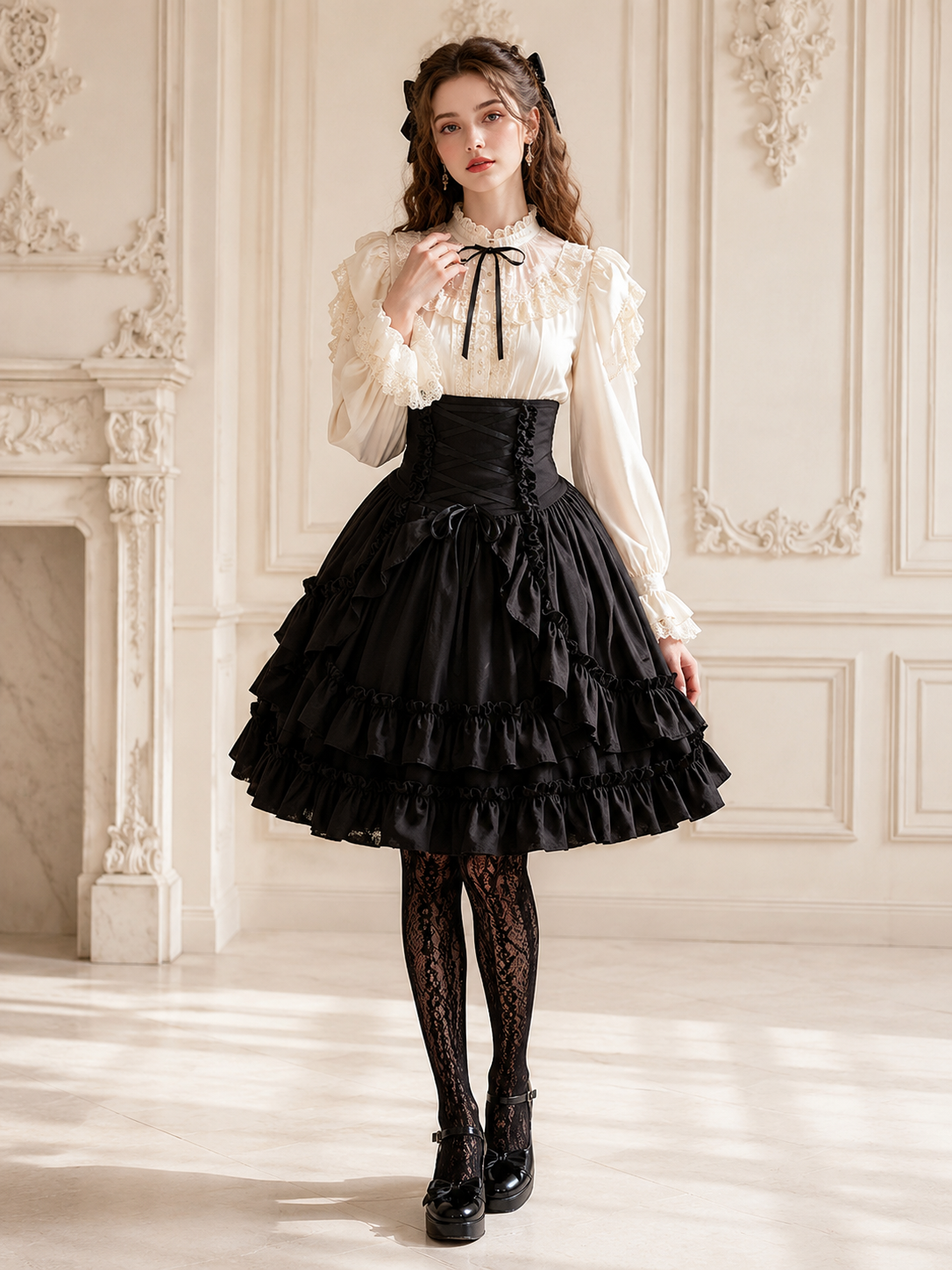 Black Medieval Victorian Gothic Lolita Corset Skirt | Side Or Worn Angle | Aurora Lolita Black Medieval Victorian Gothic Lolita Corset Skirt - side or worn angle for gothic black victorian corset skirt Lolita outfit