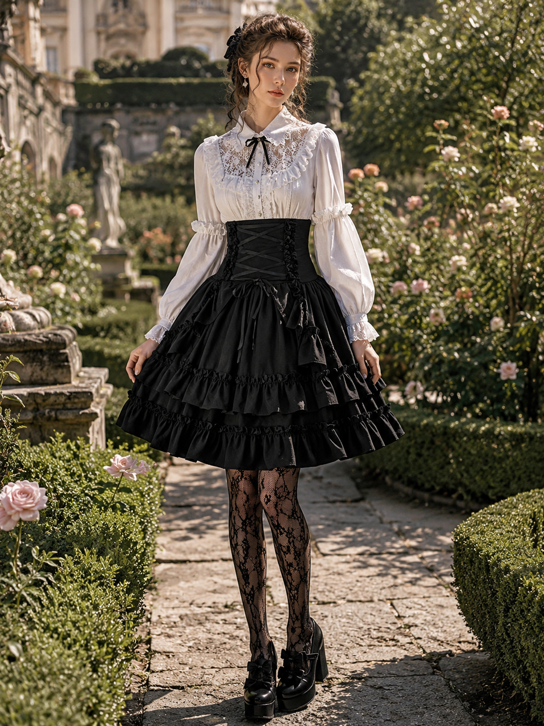 Black Medieval Victorian Gothic Lolita Corset Skirt | Trim And Texture Close-Up | Aurora Lolita Black Medieval Victorian Gothic Lolita Corset Skirt - trim and texture close-up for gothic black victorian corset skirt Lolita outfit