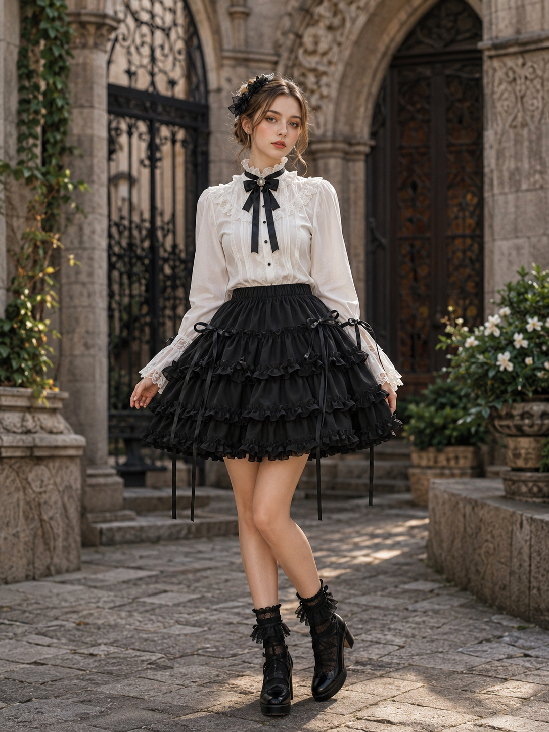Black Balletcore Punk Lolita Pumpkin Skirt - front detail view for gothic black balletcore punk Lolita outfit