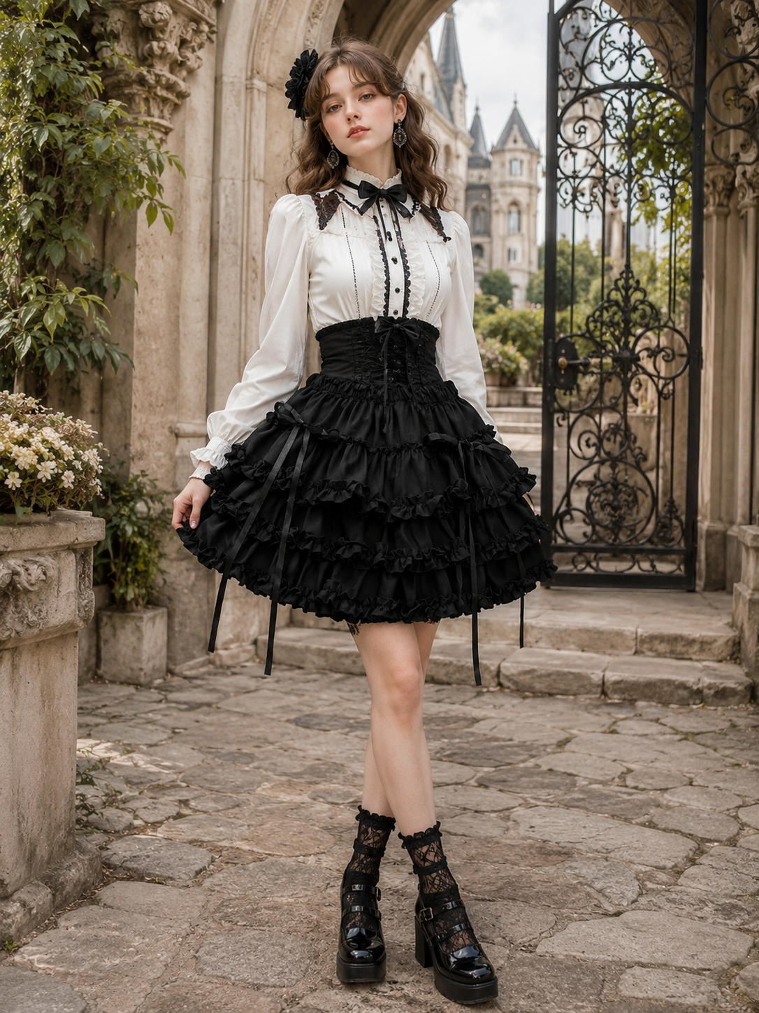 Black Balletcore Punk Lolita Pumpkin Skirt | Trim And Texture Close-Up | Aurora Lolita Black Balletcore Punk Lolita Pumpkin Skirt - trim and texture close-up for gothic black balletcore punk Lolita outfit