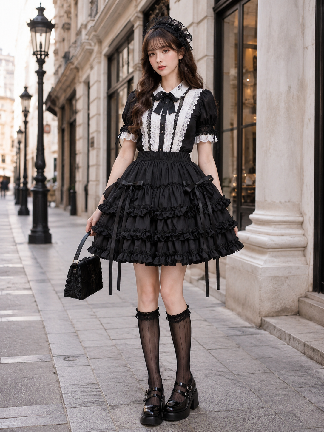 Black Balletcore Punk Lolita Pumpkin Skirt | Model Styling View | Aurora Lolita Black Balletcore Punk Lolita Pumpkin Skirt - model styling view for gothic black balletcore punk Lolita outfit
