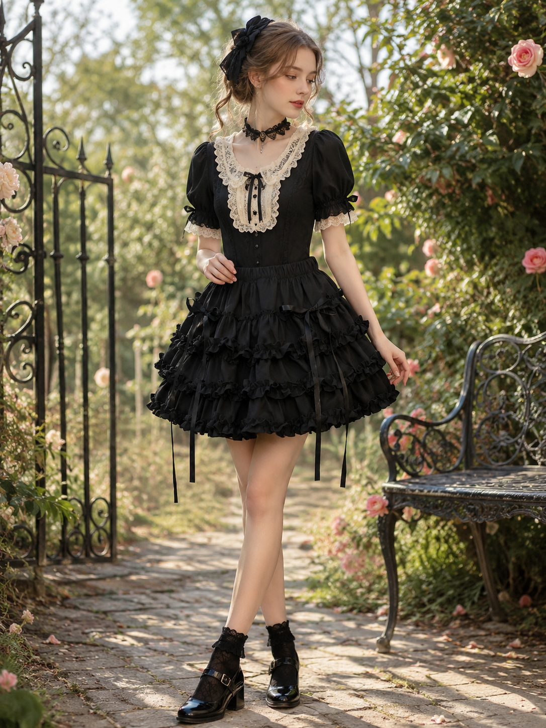 Black Balletcore Punk Lolita Pumpkin Skirt | Coord Lifestyle View | Aurora Lolita Black Balletcore Punk Lolita Pumpkin Skirt - coord lifestyle view for gothic black balletcore punk Lolita outfit