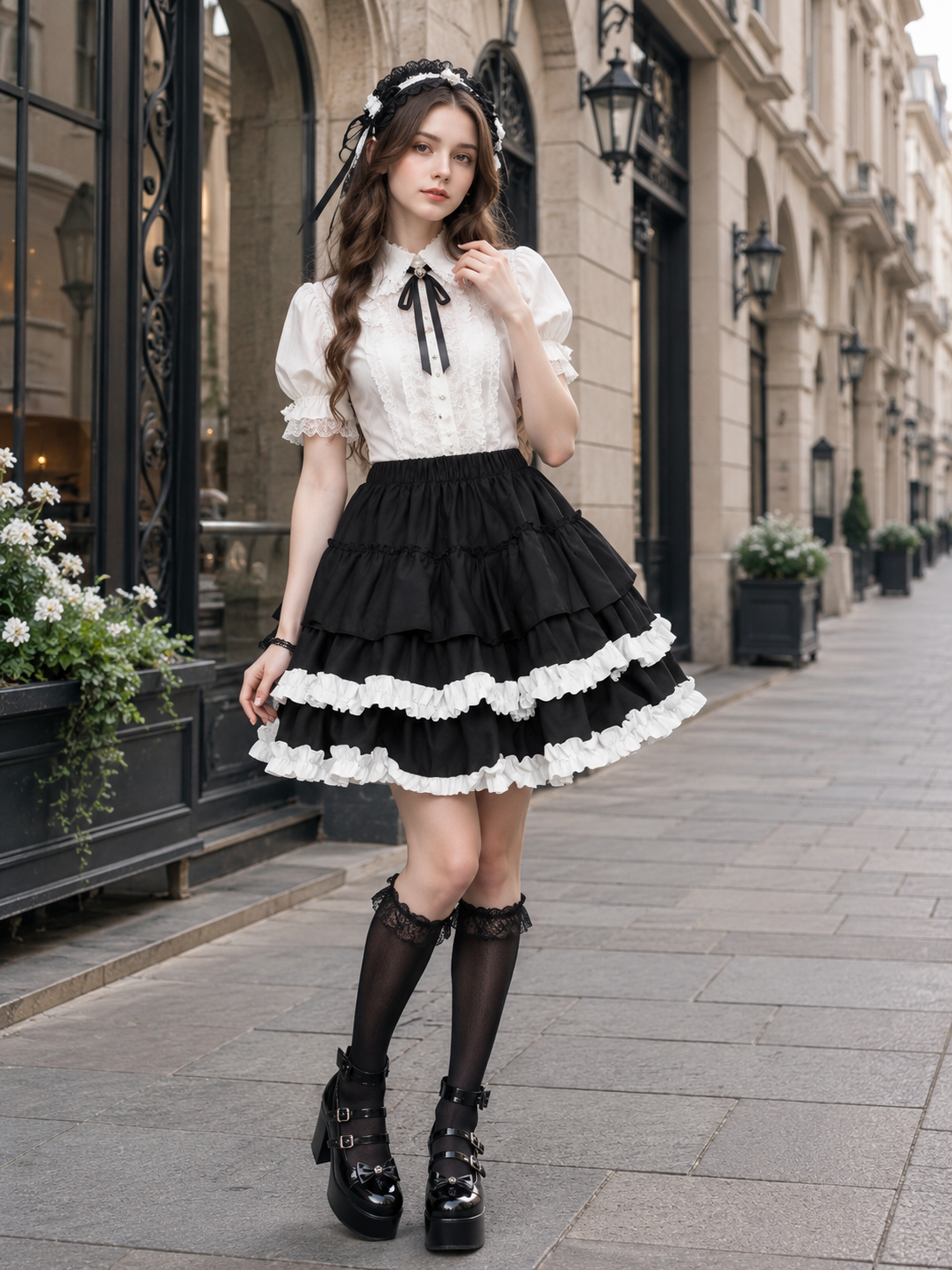 Black and White Balletcore Lolita Pumpkin Skirt - main product view for black white balletcore punk Lolita outfit