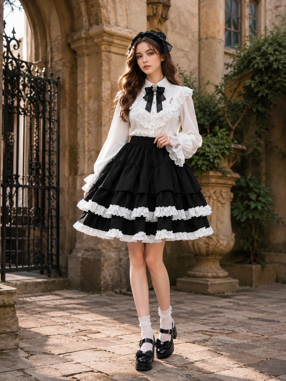 Black and White Balletcore Lolita Pumpkin Skirt | Model Styling View | Aurora Lolita Black and White Balletcore Lolita Pumpkin Skirt - model styling view for black white balletcore punk Lolita outfit