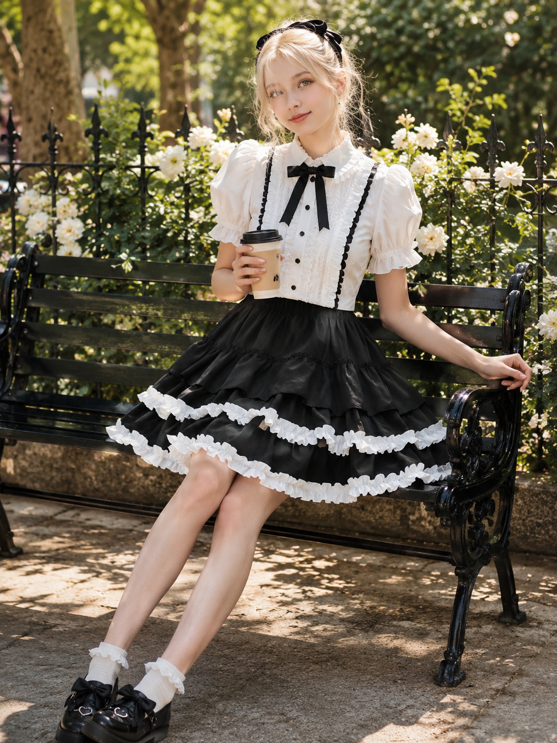 Black and White Balletcore Lolita Pumpkin Skirt | Side Or Worn Angle | Aurora Lolita Black and White Balletcore Lolita Pumpkin Skirt - side or worn angle for black white balletcore punk Lolita outfit