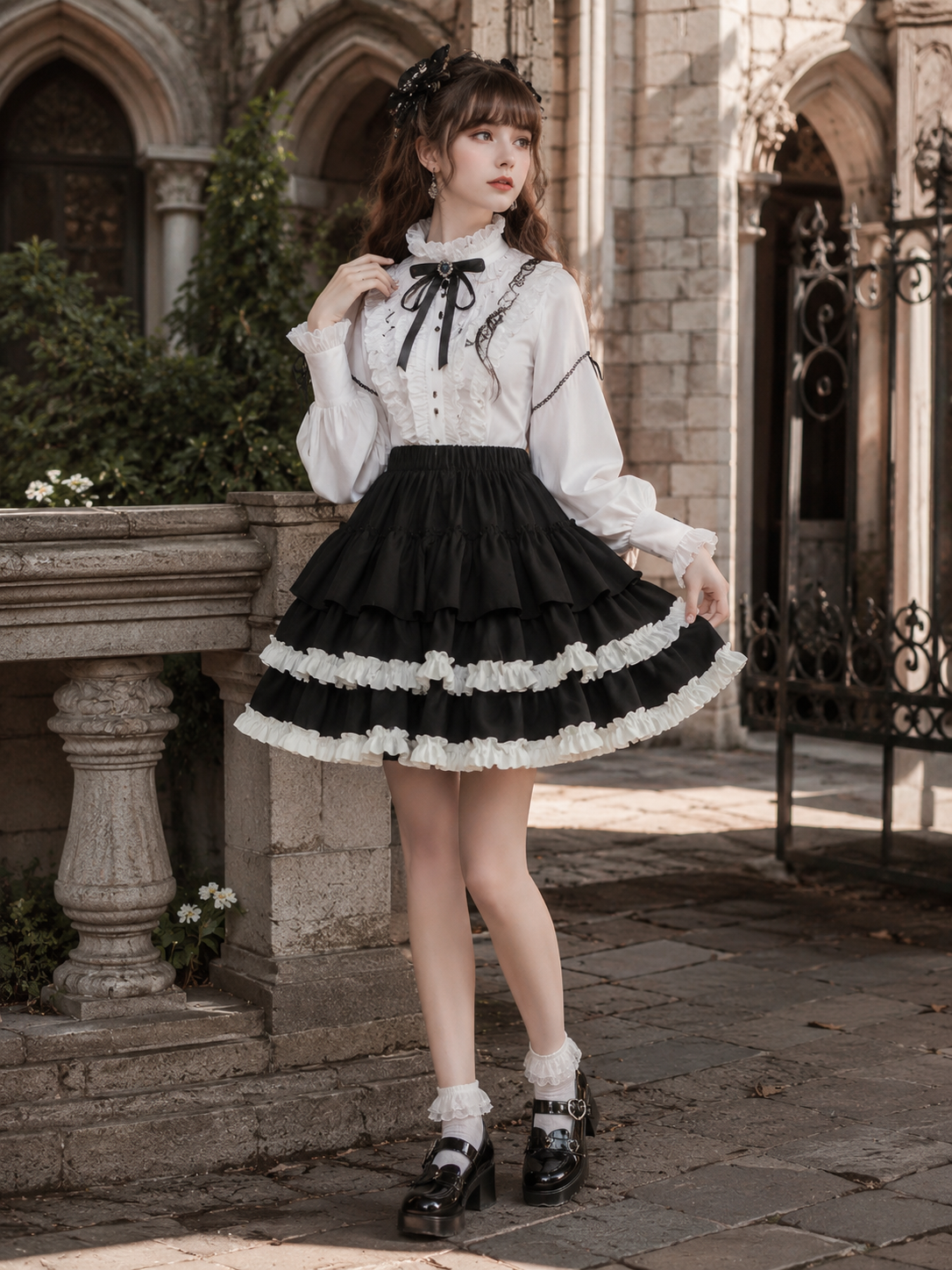 Black and White Balletcore Lolita Pumpkin Skirt | Trim And Texture Close-Up | Aurora Lolita Black and White Balletcore Lolita Pumpkin Skirt - trim and texture close-up for black white balletcore punk Lolita outfit