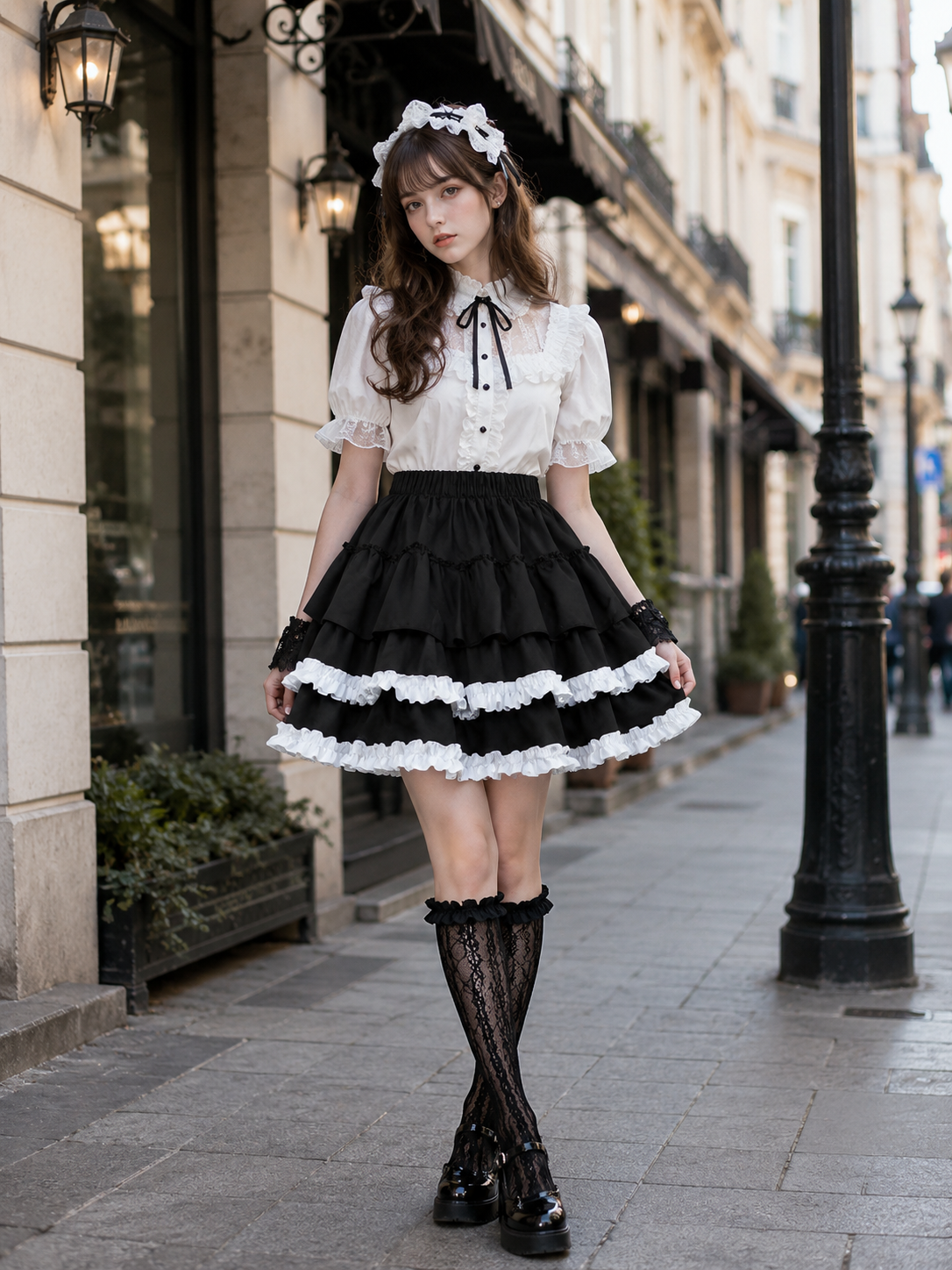 Black and White Balletcore Lolita Pumpkin Skirt | Front Detail View | Aurora Lolita Black and White Balletcore Lolita Pumpkin Skirt - front detail view for black white balletcore punk Lolita outfit