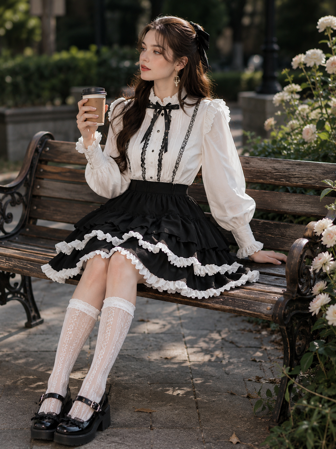 Black and White Balletcore Lolita Pumpkin Skirt | Back Or Silhouette View | Aurora Lolita Black and White Balletcore Lolita Pumpkin Skirt - back or silhouette view for black white balletcore punk Lolita outfit