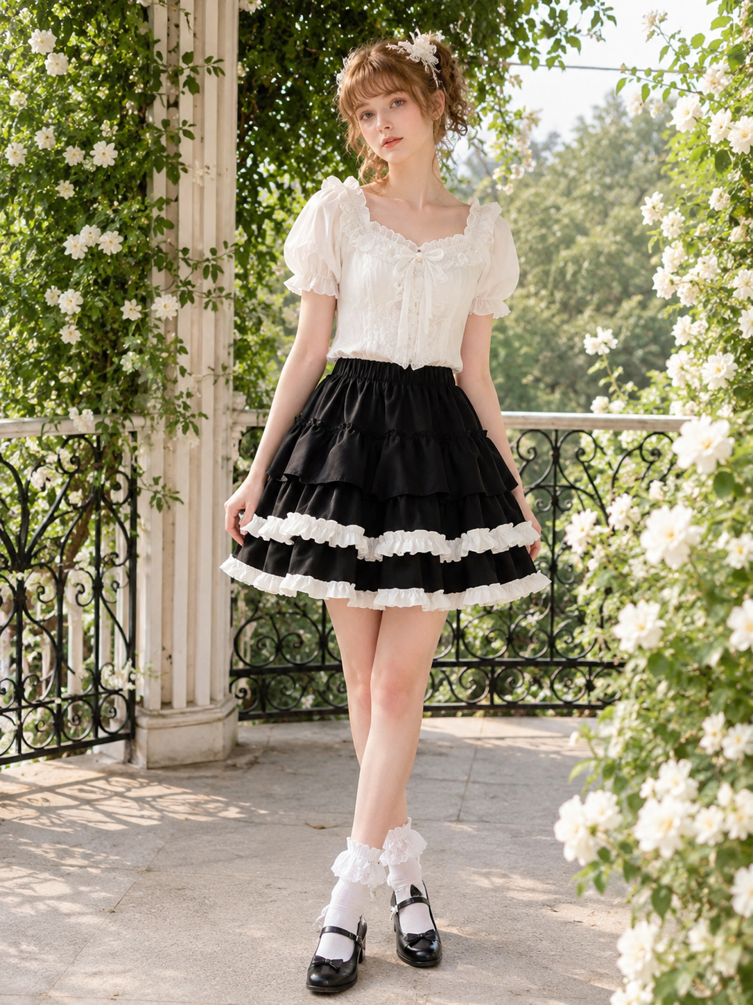 Black and White Balletcore Lolita Pumpkin Skirt | Coord Lifestyle View | Aurora Lolita Black and White Balletcore Lolita Pumpkin Skirt - coord lifestyle view for black white balletcore punk Lolita outfit