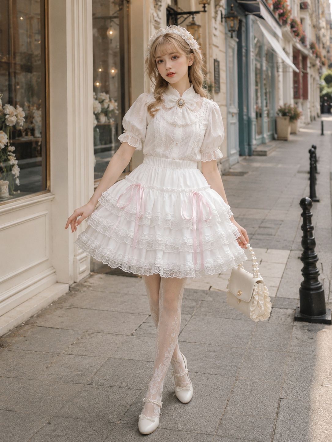 White Safety Shorts Lolita Mini Pettiskirt | Coord Lifestyle View | Aurora Lolita White Safety Shorts Lolita Mini Pettiskirt - coord lifestyle view for white sweet daily Lolita outfit