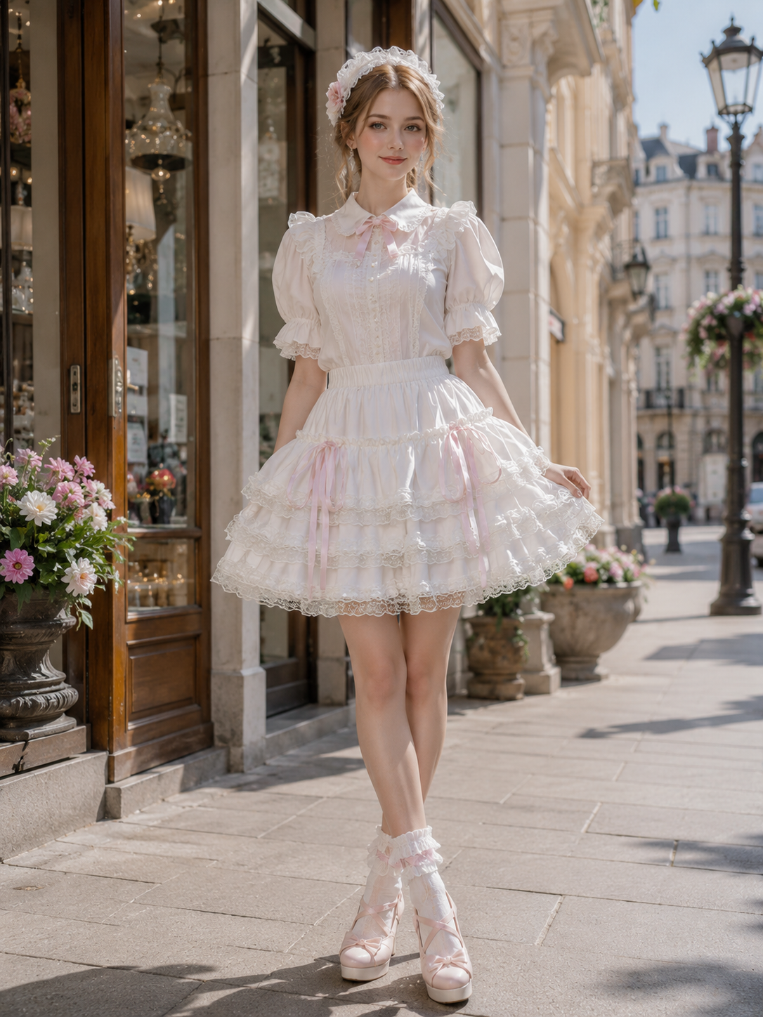 White Safety Shorts Lolita Mini Pettiskirt | Model Styling View | Aurora Lolita White Safety Shorts Lolita Mini Pettiskirt - model styling view for white sweet daily Lolita outfit