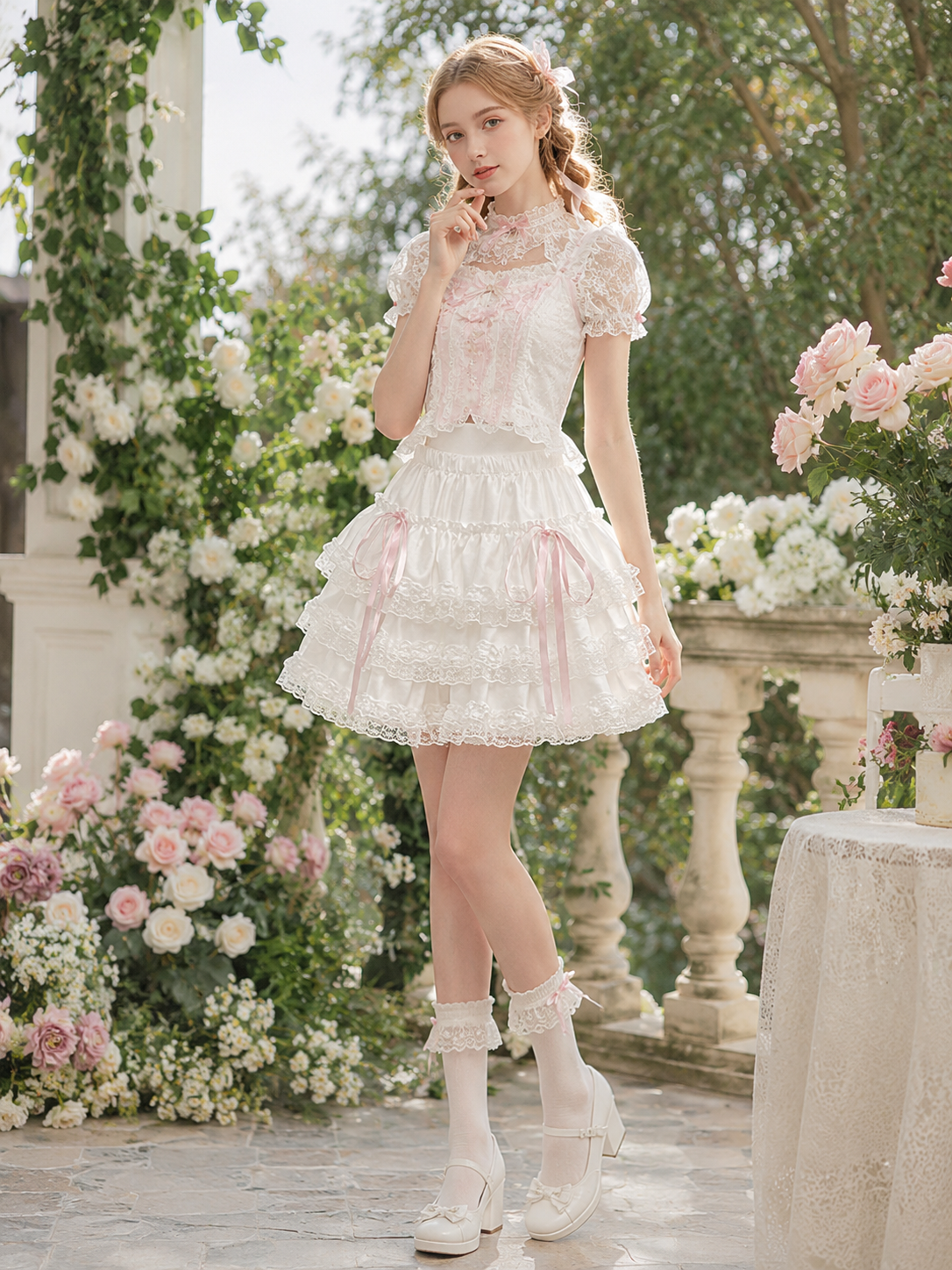 White Safety Shorts Lolita Mini Pettiskirt | Front Detail View | Aurora Lolita White Safety Shorts Lolita Mini Pettiskirt - front detail view for white sweet daily Lolita outfit