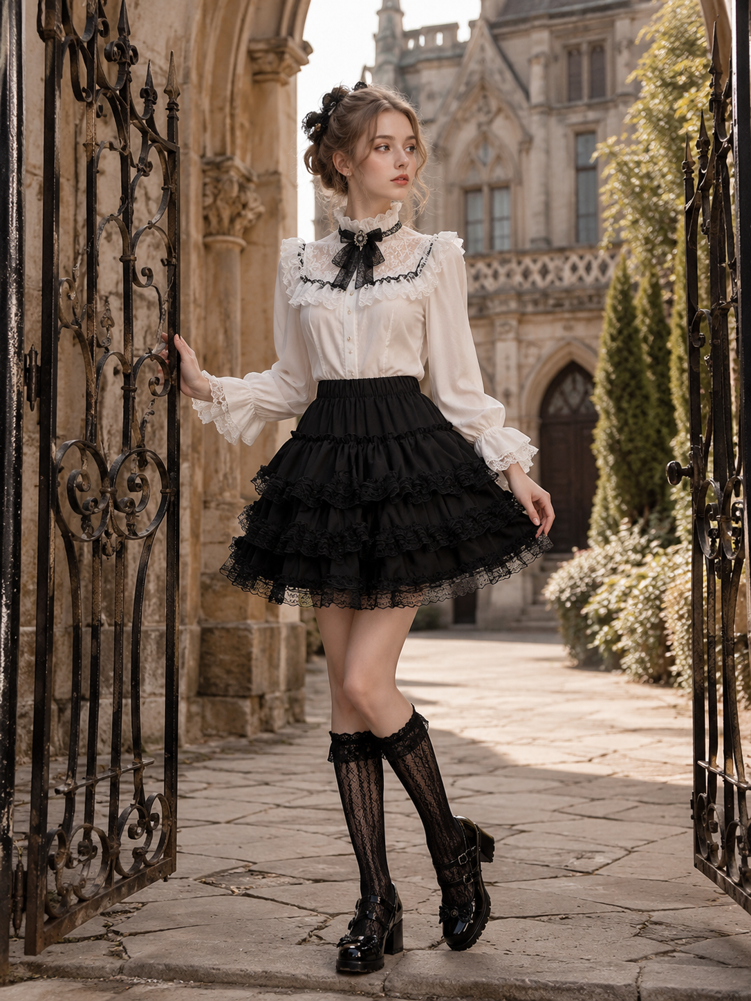 Black Safety Shorts Lolita Mini Pettiskirt - model styling view for black gothic daily Lolita outfit