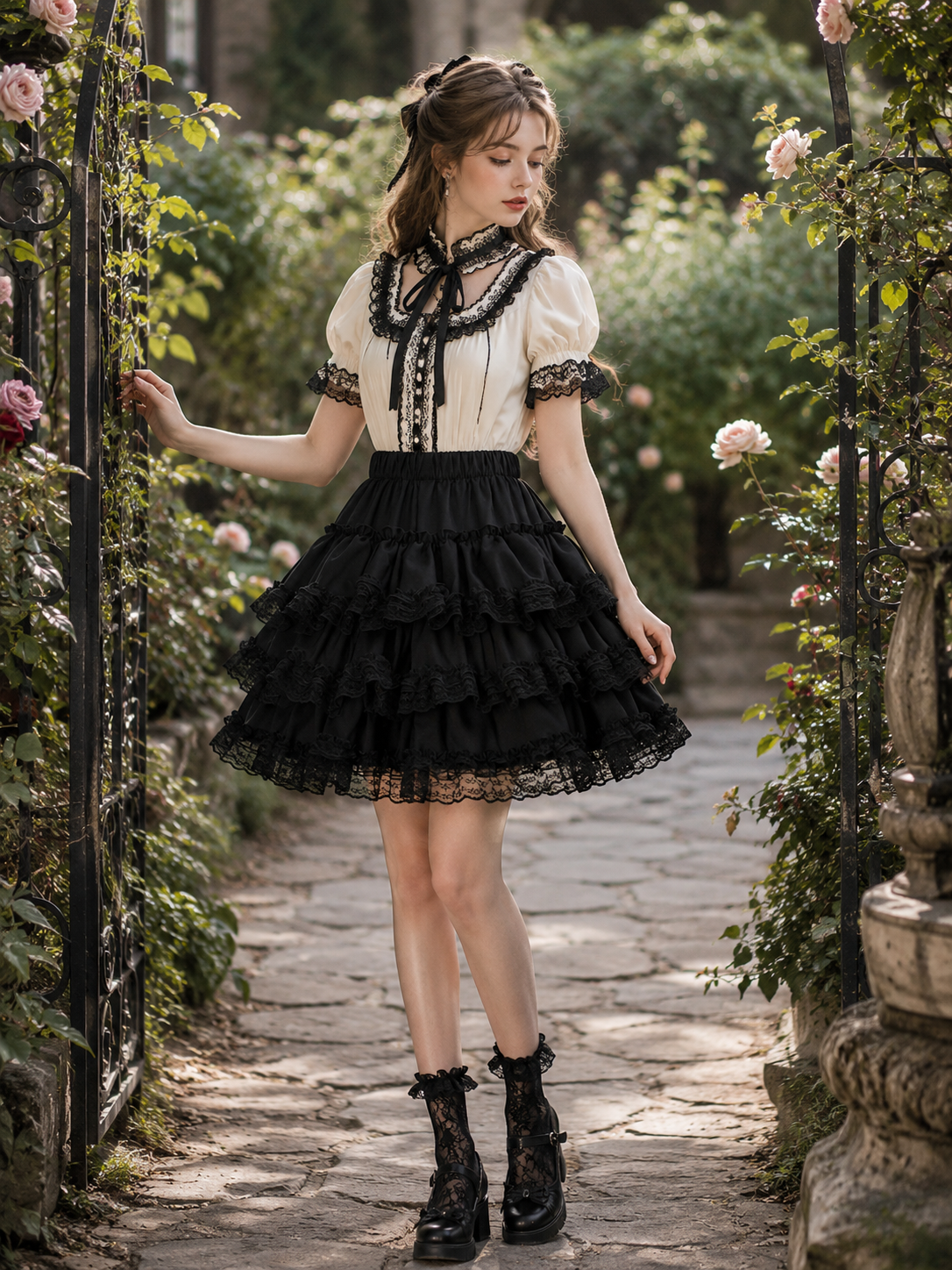 Black Safety Shorts Lolita Mini Pettiskirt | Coord Lifestyle View | Aurora Lolita Black Safety Shorts Lolita Mini Pettiskirt - coord lifestyle view for black gothic daily Lolita outfit