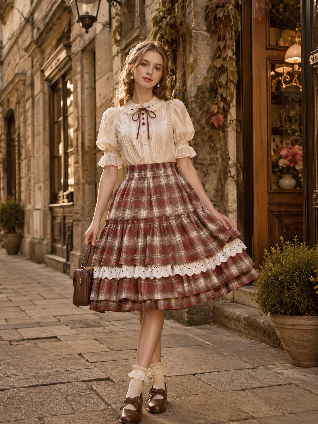 Red Plaid Lace Trim Lolita Mini Skirt - main product view for red plaid sweet daily Lolita outfit