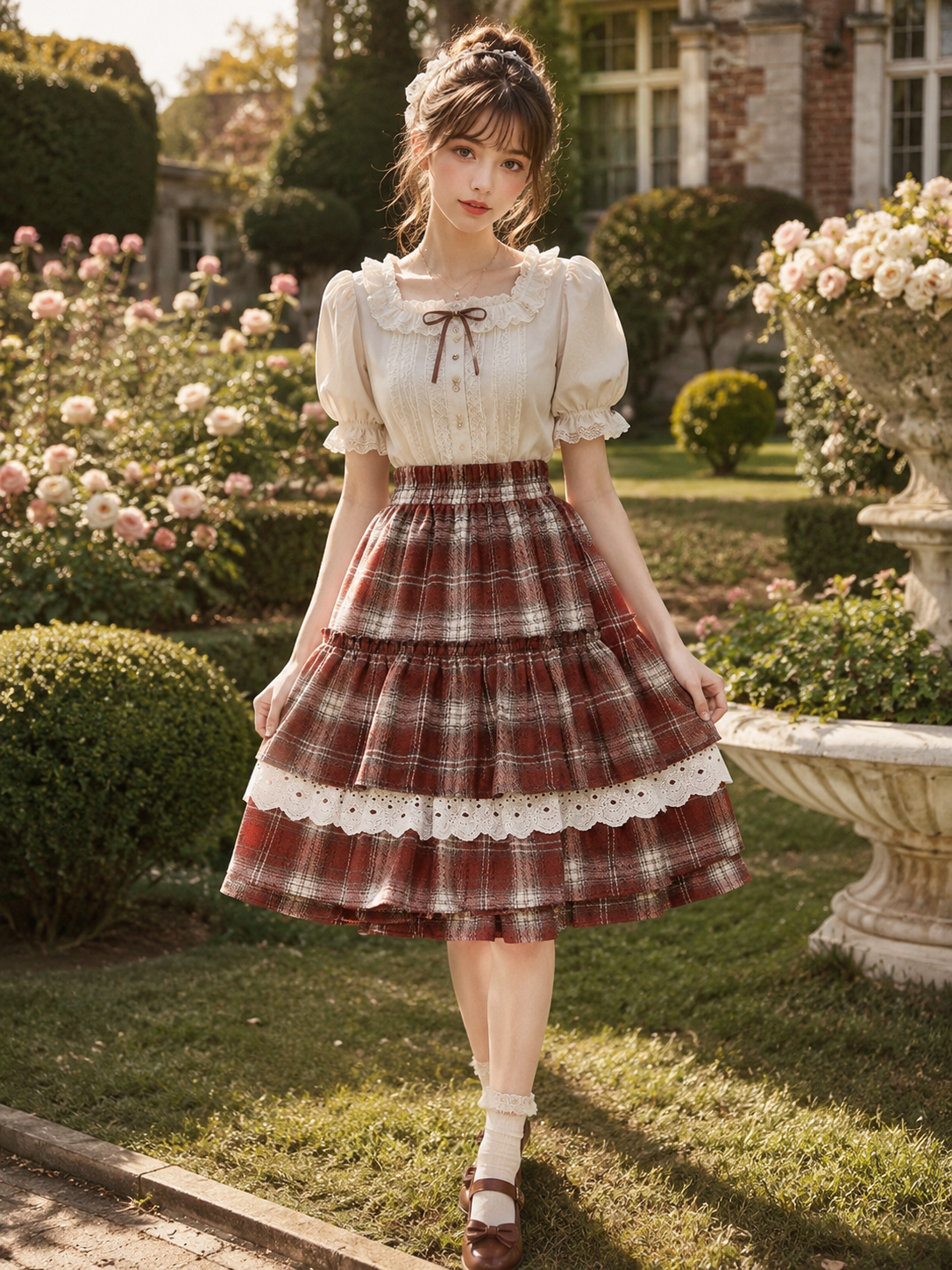 Red Plaid Lace Trim Lolita Mini Skirt | Model Styling View | Aurora Lolita Red Plaid Lace Trim Lolita Mini Skirt - model styling view for red plaid sweet daily Lolita outfit