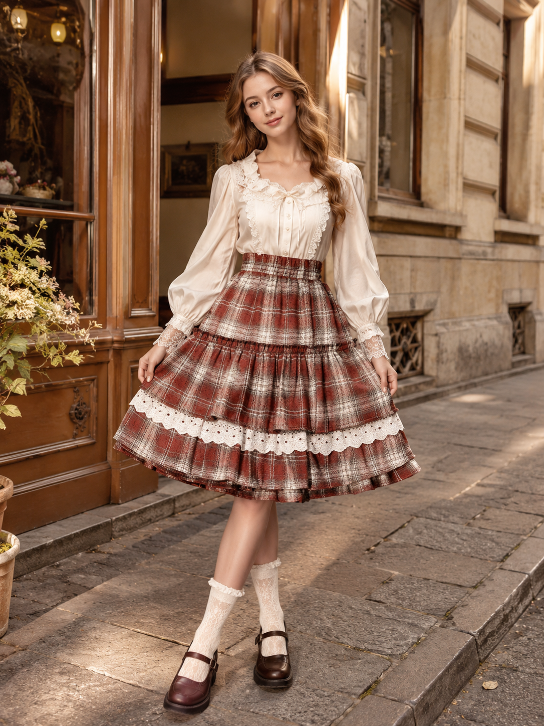 Red Plaid Lace Trim Lolita Mini Skirt | Front Detail View | Aurora Lolita Red Plaid Lace Trim Lolita Mini Skirt - front detail view for red plaid sweet daily Lolita outfit