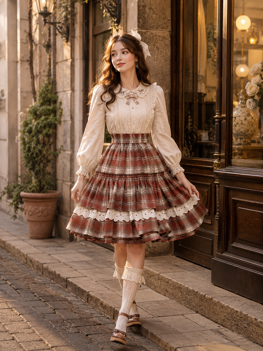 Red Plaid Lace Trim Lolita Mini Skirt | Side Or Worn Angle | Aurora Lolita Red Plaid Lace Trim Lolita Mini Skirt - side or worn angle for red plaid sweet daily Lolita outfit