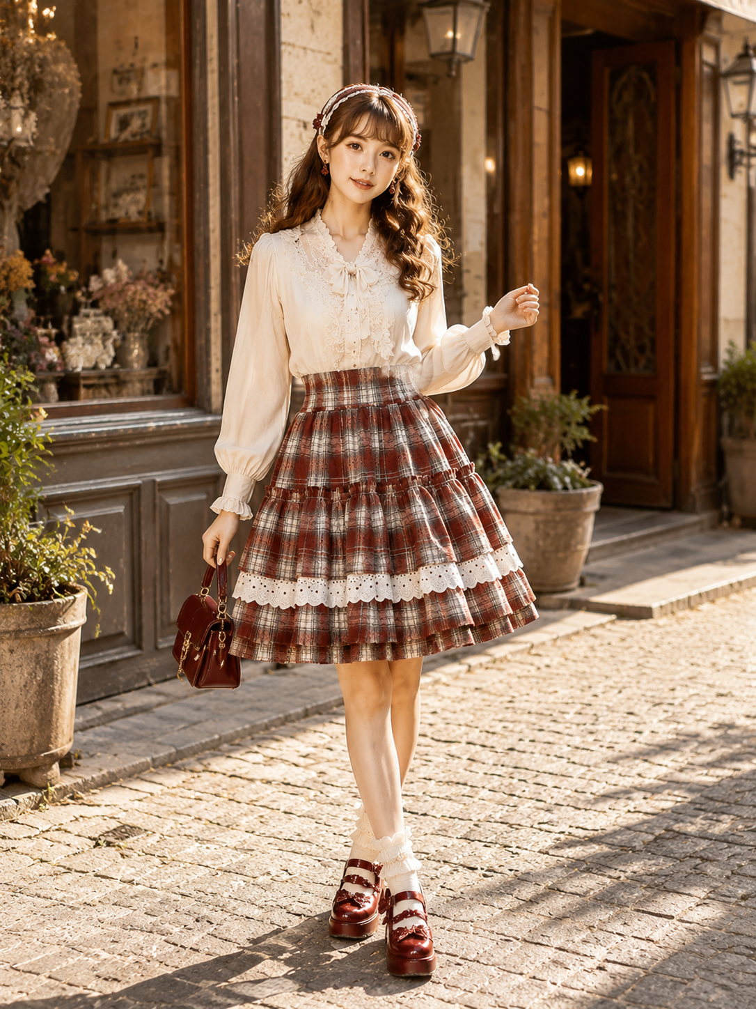 Red Plaid Lace Trim Lolita Mini Skirt | Trim And Texture Close-Up | Aurora Lolita Red Plaid Lace Trim Lolita Mini Skirt - trim and texture close-up for red plaid sweet daily Lolita outfit