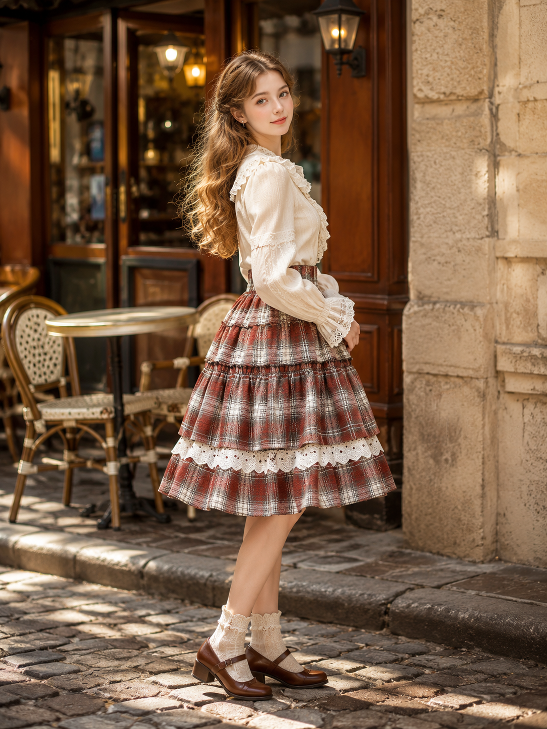 Red Plaid Lace Trim Lolita Mini Skirt | Back Or Silhouette View | Aurora Lolita Red Plaid Lace Trim Lolita Mini Skirt - back or silhouette view for red plaid sweet daily Lolita outfit