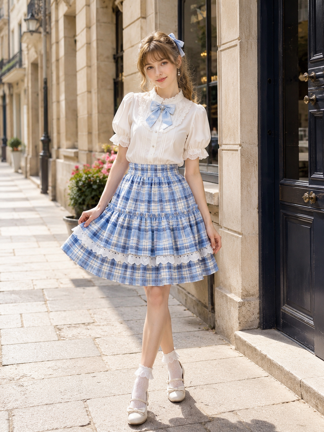 Blue Plaid Lace Trim Lolita Mini Skirt - main product view for blue plaid sweet daily Lolita outfit