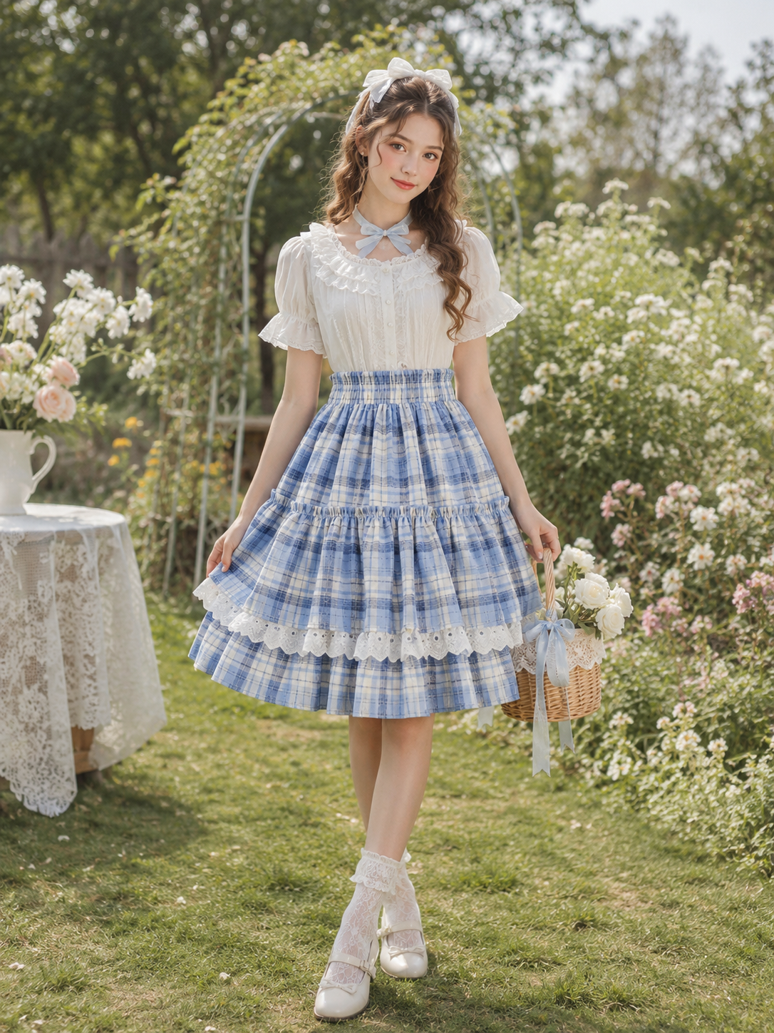 Blue Plaid Lace Trim Lolita Mini Skirt | Model Styling View | Aurora Lolita Blue Plaid Lace Trim Lolita Mini Skirt - model styling view for blue plaid sweet daily Lolita outfit