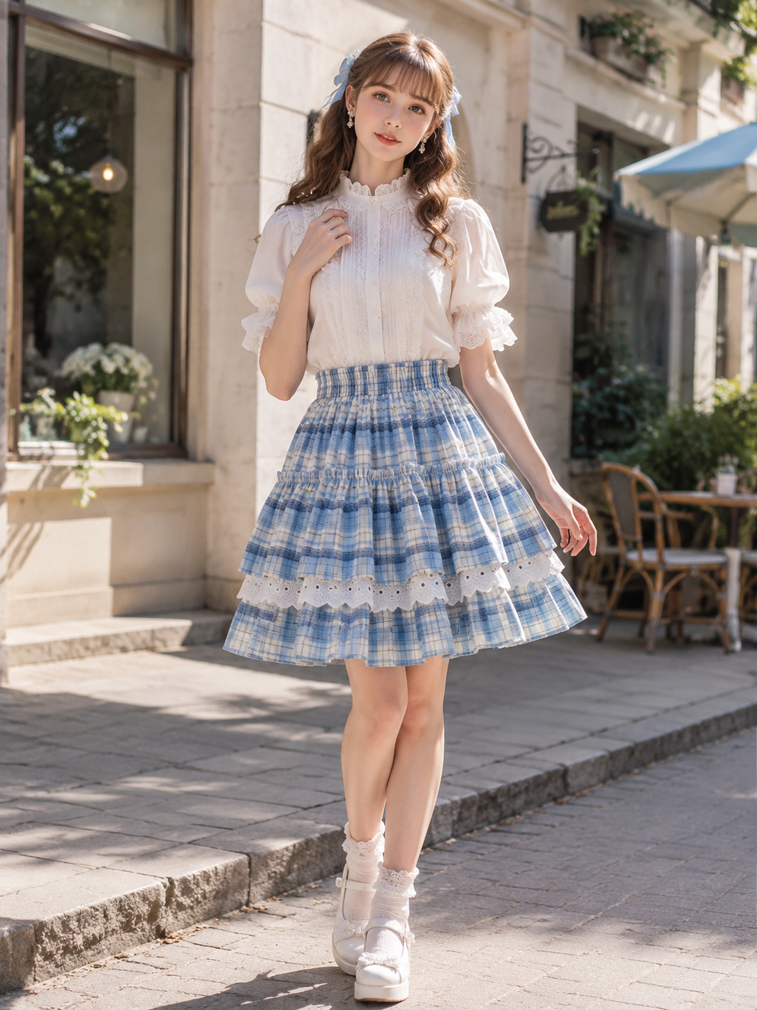 Blue Plaid Lace Trim Lolita Mini Skirt | Front Detail View | Aurora Lolita Blue Plaid Lace Trim Lolita Mini Skirt - front detail view for blue plaid sweet daily Lolita outfit