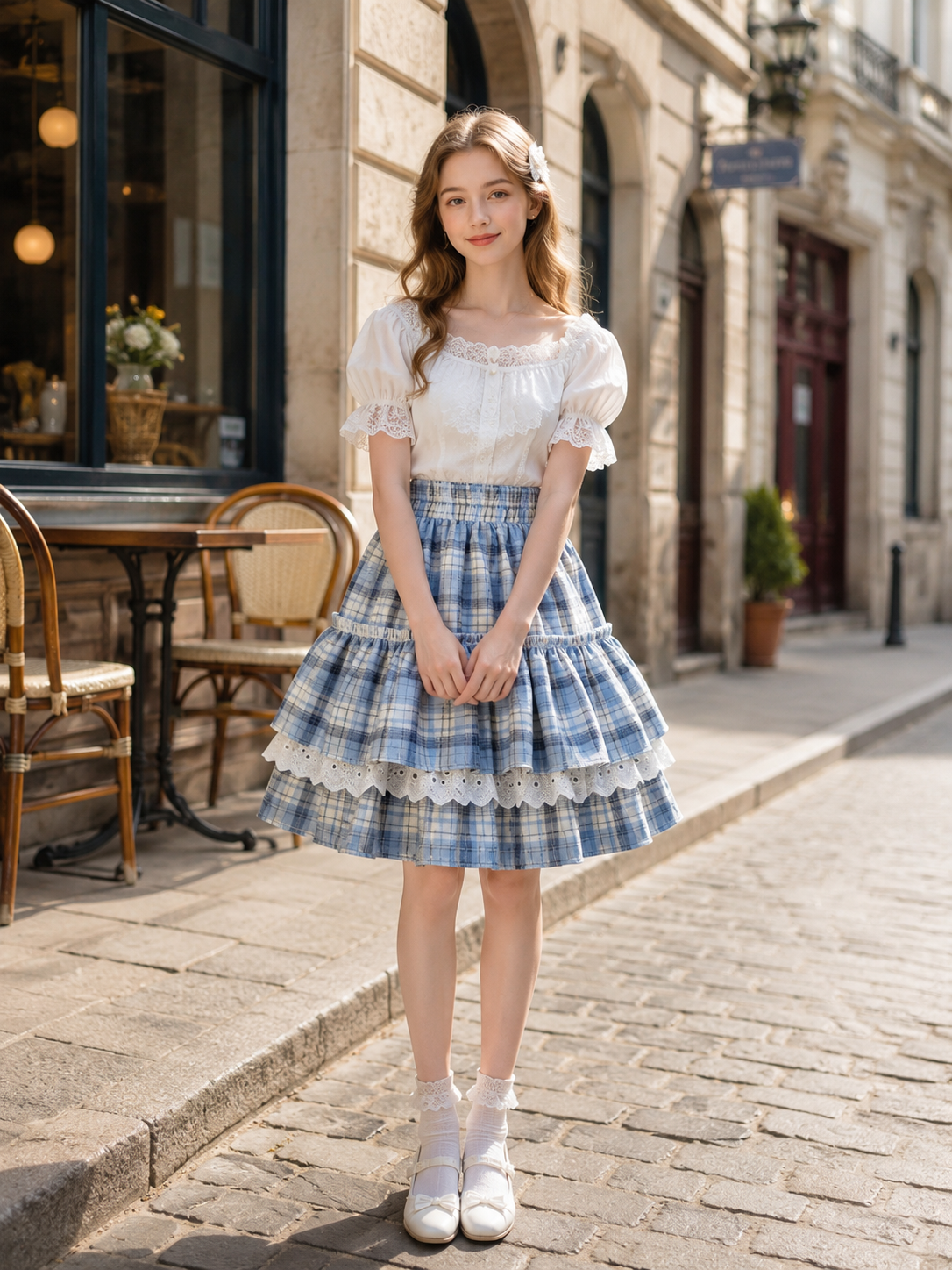 Blue Plaid Lace Trim Lolita Mini Skirt | Side Or Worn Angle | Aurora Lolita Blue Plaid Lace Trim Lolita Mini Skirt - side or worn angle for blue plaid sweet daily Lolita outfit