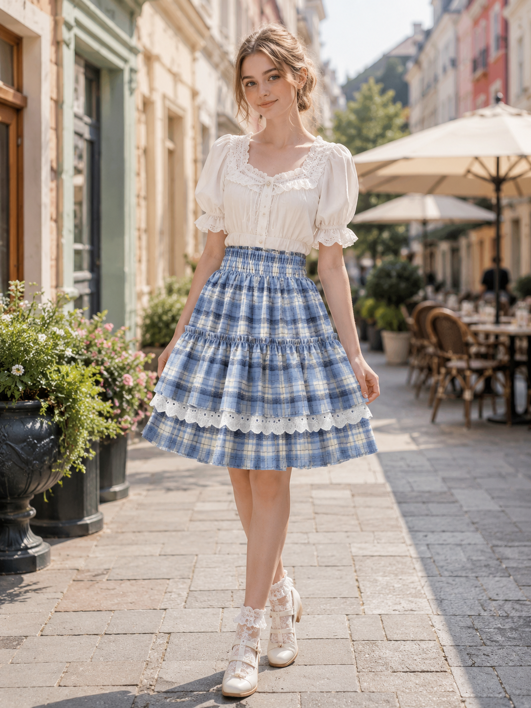 Blue Plaid Lace Trim Lolita Mini Skirt | Trim And Texture Close-Up | Aurora Lolita Blue Plaid Lace Trim Lolita Mini Skirt - trim and texture close-up for blue plaid sweet daily Lolita outfit