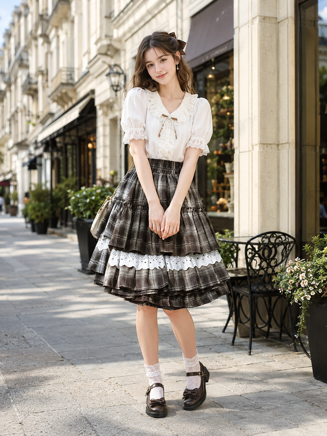 Brown Plaid Lace Trim Lolita Mini Skirt | Side Or Worn Angle | Aurora Lolita Brown Plaid Lace Trim Lolita Mini Skirt - side or worn angle for brown plaid classic daily Lolita outfit